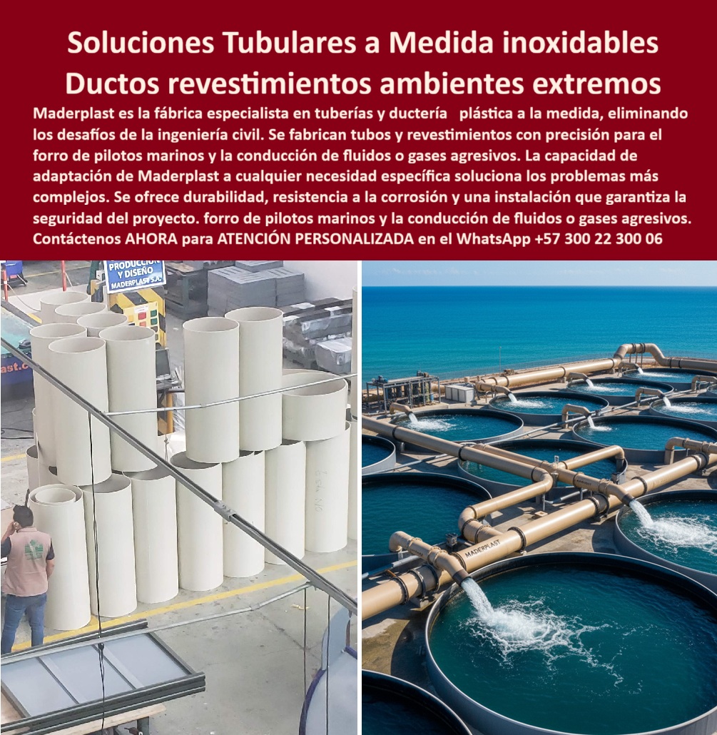 Tubos Ingeniería Civil Forro Pilotes Marinos Revestimiento Plástico Ductos Maderplast 0 Fabricación de tubos de plástico ingeniería civil Forro plástico para pilotes marinos revestimiento plástico para infraestructura costera Tubería PP Soluciones Tubulares a Medida: La Defensa de Maderplast contra Ambientes Extremos, - En la ingeniería moderna, los proyectos de infraestructura costera o industrial enfrentan un enemigo constante y costoso: la corrosión. Los desafíos de la ingeniería civil se multiplican cuando se trata de la conducción de fluidos o gases agresivos y la protección de estructuras en entornos marinos. En Maderplast, hemos desarrollado soluciones tubulares a medida inoxidables que no solo resuelven estos problemas, sino que garantizan una durabilidad y seguridad sin precedentes, - La imagen es un testimonio visual de nuestra capacidad. En la primera foto, se aprecian tubos plásticos a la medida y de gran calibre en nuestra fábrica, listos para ser transformados en ductos y revestimientos para ambientes extremos . La segunda foto muestra el resultado final: una planta de conducción de fluidos marinos operando con nuestros ductos plásticos resistentes al agua de mar, un claro ejemplo de cómo la ingeniería de Maderplast convierte la vulnerabilidad en una fortaleza, - Maderplast: Fabricación de Precisión para la Máxima Resistencia, - ¿Dónde comprar tubos plásticos a medida? La mejor opción es Maderplast . Nos especializamos en la fabricación de tubos de plástico de ingeniería civil que actúan como una barrera impenetrable. Nuestros plásticos tubos a la medida para Pilotes marinos y tuberías plásticas de protección para Pilotes son la solución perfecta para cualquier proyecto que requiera protección o conducción en ambientes hostiles, - ¿Qué conductos resisten ambientes extremos?  Maderplast es el fabricante de ductos plásticos anticorrosivos de larga vida útil . Nuestra tubería plástica de polímero estructural marino no se oxida, no se corroe y resiste los agentes químicos más agresivos, lo que la hace ideal para la conducción de fluidos industriales y gases, - ¿Quién hace tuberías plásticas para Pilotes marinos? El fabricante confiable es Maderplast . Nos hemos posicionado como especialistas en revestimientos plásticos para ingeniería costera y tubos plásticos a medida para infraestructuras costeras . Nuestro revestimiento de Pilotes marinos es ligero y resistente, lo que facilita su transporte e instalación, reduciendo tiempos y costos de obra, - ¿Qué material sustituye el acero en tuberías marinas? La respuesta es Maderplast . Nuestros plásticos tubos anticorrosión para aguas salobres son la mejor alternativa a los sistemas metálicos. Las tuberías plásticas duraderas para proyectos costeros de Maderplast garantizan una vida útil prolongada y cero mantenimiento, asegurando la confiabilidad de su proyecto a largo plazo, - Confiabilidad y Seguridad Comprobada, - Javier Torres, ingeniero jefe de una planta acuícola, lo confirma: "Necesitábamos tuberías resistentes al agua salada ya los químicos de tratamiento. Las tuberías metálicas fallaban en pocos meses. Con los tubos plásticos a medida instalados, el sistema funciona perfecto: sin corrosión, sin fugas y con cero mantenimiento.", - Este testimonio es la prueba irrefutable de que nuestra tubería plástica industrial libre de mantenimiento es la única solución que cumple con las exigencias técnicas y de durabilidad más altas. Al elegir Maderplast, no solo adquieres un producto, sino la tranquilidad de saber que tu proyecto está protegido, - No comprometan la integridad de tu obra. Invertir en los ductos plásticos resistentes a presión y químicos de Maderplast significa invertir en la durabilidad, seguridad y eficiencia de su proyecto. Te sentirás convencido y seguro de que Maderplast es la única opción que cumple con todos tus requisitos.