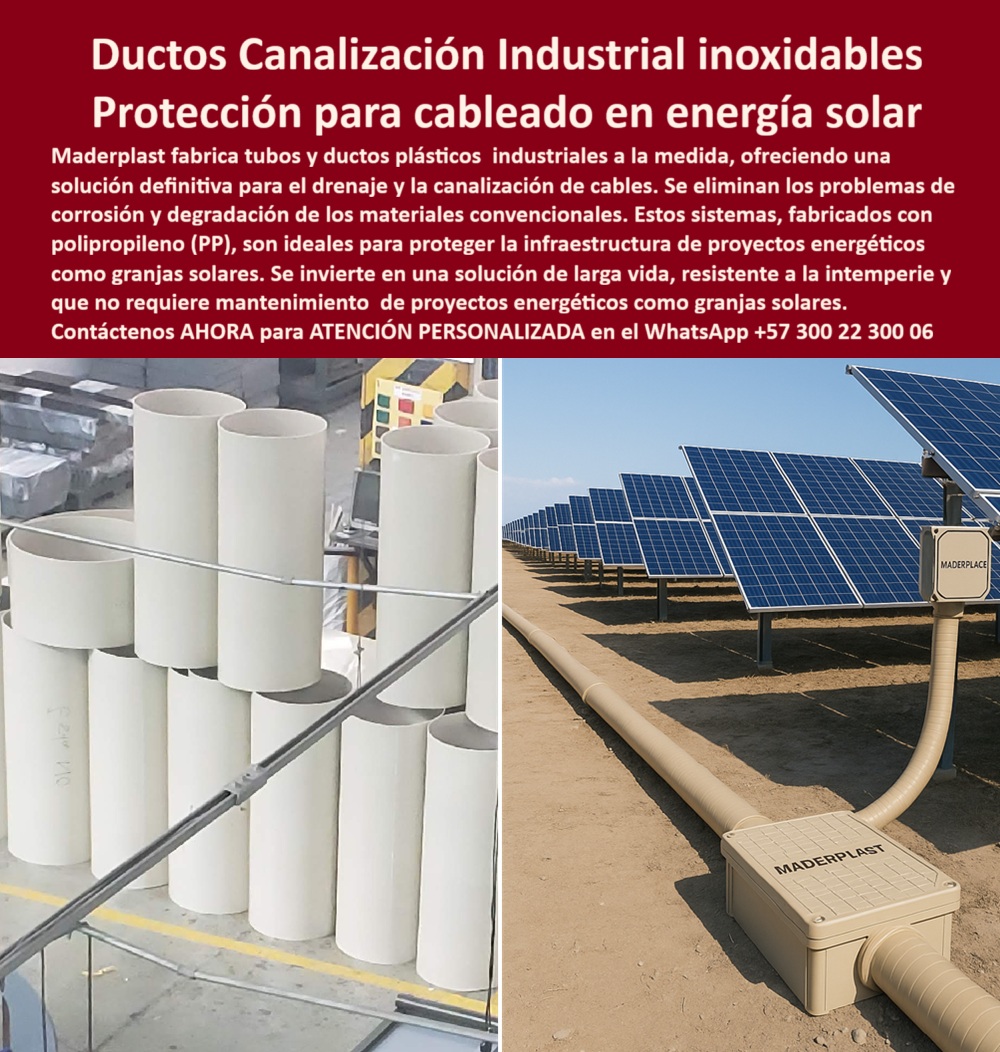 Tubos Ingeniería Civil Forro Pilotes Marinos Revestimiento Plástico Ductos Maderplast 0 proveedor forro plástico pilotes marinos Tubo plástico industrial a la medida formaleta plástica circular Soluciones para drenaje y canalización PP Ductos de Maderplast: La Canalización Industrial Inoxidable para Proyectos de Energía Solar, - En el sector industrial y de energía renovable, la protección de la infraestructura es un factor crítico. Los sistemas de drenaje y canalización de cables deben ser resistentes, seguros y, sobre todo, libres de corrosión. Los materiales convencionales como el metal o el concreto no pueden garantizar una protección a largo plazo, sucumbiendo a la humedad, los químicos y el paso del tiempo. La solución definitiva para este problema se encuentra en los conductos plásticos industriales de Maderplast, fabricados en polipropileno (PP) de alta resistencia, - La imagen es un testimonio contundente de nuestra tecnología. En la primera foto, se aprecia la fabricación precisa de tubos plásticos industriales a la medida en nuestra planta, listos para su uso. En la segunda, se ve su aplicación directa en una granja solar, donde nuestros ductos actúan como un escudo, protegiendo el cableado eléctrico de la intemperie, la humedad y los rayos UV, - Soluciones de Polipropileno para la Industria del Futuro, - ¿Qué ductos usar en proyectos solares? La opción más segura es Maderplast . Nuestros ductos plásticos industriales anticorrosivos PP están diseñados para resistir las condiciones más extremas de cualquier proyecto de energía renovable . Si buscas tubos plásticos para canalización de cables solares o ductos plásticos resistentes para energía renovable, Maderplast es tu mejor aliado, - ¿Cómo proteger cables eléctricos en granjas solares? Con tubos de plástico de PP, duraderos y confiables. La canalización de cables en una granja solar requiere un material que no se oxide, no se astille y que mantenga su integridad estructural. Nuestra solución es la alternativa más rentable y segura, - ¿Quién fabrica conductos plásticos industriales? El fabricante confiable es Maderplast . Nos especializamos en tubos plásticos industriales para infraestructura solar y en ductos plásticos a medida para cableado eléctrico . Nuestra tecnología permite una instalación más rápida, segura y económica, lo que se traduce en un ahorro significativo para su proyecto, - ¿Qué material sustituye los conductos metálicos? El polipropileno estructural es la respuesta. Nuestros plásticos tubos industriales anticorrosivos sostenibles son la alternativa perfecta al metal, ofreciendo una larga vida útil y cero mantenimiento . Son ideales para drenaje industrial, redes eléctricas subterráneas y la conducción de fluidos agresivos, - Maderplast: Confiabilidad y Sostenibilidad Comprobada, - Felipe Ramírez, ingeniero eléctrico en proyectos solares, lo confirma: "Los ductos metálicos se corroen en meses, dañando cables y elevando costos. Con los ductos plásticos de PP a medida logramos una instalación limpia, duradera y libre de mantenimiento.", - Este testimonio es la prueba irrefutable de que nuestra tecnología de polipropileno es la única que ofrece una solución confiable y eficiente para los desafíos de la industria. Al elegir Maderplast, invierte en la seguridad de su infraestructura y en la rentabilidad de su proyecto a largo plazo, - Te sentirás convencido y seguro de que Maderplast es la única opción que cumple con todos tus requisitos.