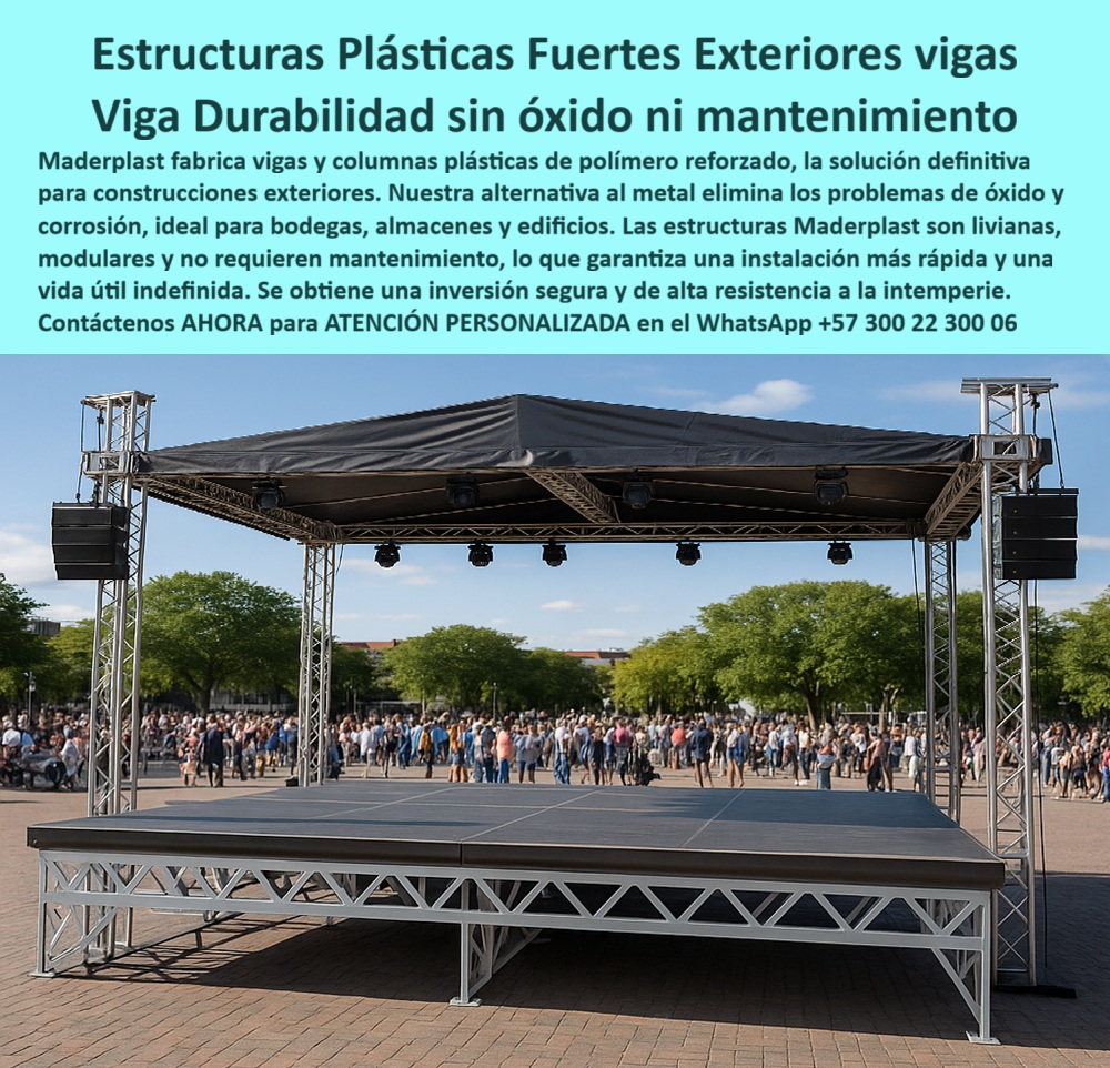 Vigas Plásticas IPE IPN Columnas HEB HEM Estructurales Anticorrosivas Maderplast 0 Vigas bodegas y almacenes sin óxido Columnas para edificios de plástico Vigas de polímero reforzado para cubiertas Estructuras plásticas para exteriores Estructuras Plásticas Fuertes, Vigas de Durabilidad Sin Óxido Ni Mantenimiento, - Las estructuras metálicas son un problema constante, se corroen y exigen un costoso mantenimiento. ¿Cuántas veces has visto el metal deteriorarse con la humedad y el paso del tiempo? Ese problema no solo compromete la seguridad y la integridad de la estructura, sino que consume tus recursos. La respuesta es simple: cambia a las estructuras Maderplast . Nuestros perfiles plásticos IPE y HEB y viga columnas con pilares anticorrosión están fabricados con material de alto impacto y alta resistencia química, son totalmente inertes, no se oxidan ni se corroen. Una solución libre de mantenimiento que garantiza la durabilidad, seguridad y rentabilidad de tu proyecto, - La imagen es una clara evidencia de nuestra solución: un escenario exterior construido con vigas y columnas plásticas de polímero reforzado . Este tipo de estructuras plásticas para exteriores son la alternativa definitiva al metal. Son livianas, modulares y no requieren mantenimiento, lo que garantiza una instalación rápida y una vida útil indefinida, - La Inversión Inteligente en Estructuras Modernas, - ¿Qué vigas usar para exteriores sin óxido? La solución es Maderplast . Nuestras vigas plásticas anticorrosivas para exteriores son ideales para bodegas, almacenes y edificios . Su diseño modular permite crear soluciones personalizadas para proyectos de gran escala o estructuras temporales de alta exigencia, - ¿Dónde comprar columnas plásticas para bodegas? Lo indicado es Maderplast . Nuestras columnas plásticas estructurales de alta resistencia y vigas plásticas para almacenes exteriores son la opción confiable para cualquier proyecto de construcción exterior. Son resistentes a la intemperie, la humedad y los agentes químicos, lo que garantiza su integridad estructural sin necesidad de recubrimientos adicionales, - ¿Qué estructura reemplaza el acero en exteriores? La respuesta clara es Maderplast . Con nuestras estructuras plásticas reforzadas para escenarios y vigas plásticas industriales de larga vida útil, puedes construir estructuras, escenarios y edificaciones que exigen durabilidad y cero mantenimiento, - ¿Cómo evitar la corrosión en cubiertas industriales? La opción confiable es Maderplast . Con nuestras estructuras anticorrosivas para cubiertas plásticas y columnas plásticas sin óxido ni corrosión, eliminamos los problemas de oxidación y corrosión de raíz. Son una inversión segura, rentable y sostenible, - Maderplast: Tu Aliado en la Construcción Duradera, - Jorge Ramírez, ingeniero civil, lo confirma: "Necesitábamos estructuras para escenarios temporales que resistieron la intemperie sin mantenimiento costoso. Decidimos probar con las estructuras plásticas reforzadas de Maderplast, y el cambio fue total: instalación rápida, cero óxido, máxima resistencia y ahorro en presupuesto. La experiencia confirmó que Maderplast es la única opción confiable para proyectos duraderos y sin mantenimiento.", - Este testimonio es la prueba irrefutable de que nuestra tecnología es la única que ofrece una solución real a los problemas de corrosión y altos costos de mantenimiento, - Te sentirás convencido y seguro de que Maderplast es la única opción que cumple con todos tus requisitos