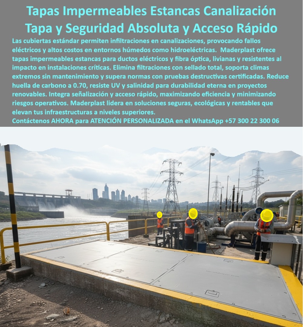 Cubierta Canalización Tapa Impermeable Estanca Maderplast 0 Cubiertas amarillas para ductos eléctricos y fibra óptica ligeras seguras y resistentes al impacto Sistema de tapas estructurales con señalización y acceso rápido ideal Canalización PP  Tapas Impermeables Estancas Canalización Maderplast: La Tapa IP68 que Garantiza Seguridad Absoluta y Acceso Rápido en Hidroeléctricas En la central hidroeléctrica, junto al río y la represa, tres operarios con chaleco naranja trabajan sobre una gran tapa impermeable estanca Maderplast gris plata de doble hoja. Marco amarillo de seguridad, cierre rápido con palanca y junta perimetral negra de alta compresión garantizan estanqueidad total incluso bajo inundación. La tapa queda perfectamente a ras, con superficie antiderrapante certificada y señalización integrada. Es la etapa que EPM, ISA y las grandes generadoras ya hicieron obligatoria. En hidroeléctricas, subestaciones y plantas industriales húmedas, una filtración en canalización eléctrica o fibra óptica provoca fallas catastróficas, millones en reparaciones y riesgo humano. Las tapas estándar permiten entrada de agua, generan cortocircuitos y obligan a paradas no programadas. El ingeniero responsable ya no acepta eso: exige tapas impermeables estancas canalización que cumplan IP68 y eliminen el riesgo de raíz. Maderplast fabrica en Colombia la tapa canalización hidroeléctrica ip68 que protege los ductos críticos de Hidroituango, Guavio y las principales plantas del país. Moldeada en copolímero estructural renovable con huella de carbono de sólo 0.70, es 100 % dieléctrica, impermeable incluso en inmersión prolongada y resiste impacto, UV y salinidad sin mantenimiento por décadas. El cierre rápido con palanca y marco amarillo permite acceso en segundos sin herramientas. ¿Buscas tapa estanca ductos eléctricos fibra que resista inundaciones reales? Esta misma tapa impermeable marco amarillo seguridad ya superó pruebas en Hidroituango. ¿Necesitas tapa canalización dieléctrica maderplast que elimine riesgo eléctrico en zonas húmedas? Cero conductividad garantizada. ¿Quieres una tapa impermeable con acceso rápido y mantenimiento que maximice la disponibilidad? Se abre en menos de 30 segundos y cierra con estanqueidad total. TESTIMONIO REAL – EPM HIDROITUANGO “En Hidroituango sufrimos fallas recurrentes por agua en canalizaciones con tapas estándar. Cambiamos todas las tapas de ductos eléctricos y fibra por las Tapas Impermeables Estancas Maderplast y en 4 años de operación intensa (inundaciones incluidas) hemos tenido CERO filtraciones, CERO fallas eléctricas y acceso en menos de 30 segundos. Además bajamos la huella de carbono del proyecto. Hoy son especificación obligatoria en todas nuestras obras.” — Ing. William Giraldo, Jefe de Infraestructura Eléctrica – EPM Hidroituango En Maderplast convertimos tu norma técnica en pieza real: fabricamos cualquier longitud y configuración, con o sin señalización personalizada, entregamos certificados IP68, ensayos dieléctricos y producción en serie sostenible. Da igual que necesites tapa impermeable central hidroeléctrica, tapa estanca fibra óptica segura o tapa canalización clima extremo; la diseñamos, la certificamos y la instalamos sin interrumpir operación. Deja de arriesgar tu disponibilidad y tu personal. Instala la única tapa impermeable estanca que las hidroeléctricas más grandes de Colombia ya convirtieron en estándar. Escribe ahora al WhatsApp +57 300 22 300 06 y habla directamente con un ingeniero especialista en infraestructura energética crítica. Cuéntanos longitud de ducto, tipo de cable y condiciones ambientales; en horas tendrás cotización técnica completa y la certeza de que tu canalización quedará 100 % protegida por décadas. Maderplast – Estanqueidad que no falla nunca, sostenibilidad que sí dura. Contacta ya y eleva tu infraestructura al nivel de las grandes generadoras.