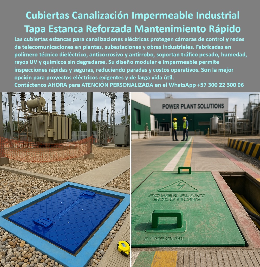 Cubierta Canalización Tapa Impermeable Estanca Maderplast 0 Tapa cámara de control de telecomunicaciones Cubiertas para cámaras eléctricas industriales resistentes seguras y de mantenimiento rápido Cruce de canalizaciones eléctricas con tapas PP  Cubiertas Canalización Impermeable Industrial: Tapa Estanca Reforzada Mantenimiento Rápido La imagen es un claro contraste entre la necesidad industrial y la solución avanzada de Maderplast. Observamos, por un lado, una subestación eléctrica con una Tapa Estanca Reforzada Mantenimiento Rápido azul intenso, y por otro, una planta de energía con una cubierta modular verde, etiquetada como "POWER PLANT SOLUTIONS", que revela un acceso seco y seguro. Este sistema de Cubiertas Canalización Impermeable Industrial es la única garantía para proteger las cámaras de control y redes de telecomunicaciones en los entornos más hostiles.  El riesgo en obras industriales es la corrosión y la filtración. Las canalizaciones eléctricas subterráneas son vulnerables a la humedad, los líquidos agresivos y el robo, lo que provoca paradas operativas y eleva los costos operativos a niveles insostenibles. Pregunta: ¿Cuál es la tapa de canalización industrial que garantiza estanqueidad total contra humedad y productos químicos? La respuesta es la Cubierta Estanca Maderplast.  Dieléctrico, Antirrobo y Sellado Total: Larga Vida Útil Garantizada Maderplast convierte el riesgo en seguridad con una solución de polímero técnico dieléctrico, anticorrosivo y antirrobo. Nuestro material está diseñado para soportar tráfico pesado, humedad, rayos UV y productos químicos sin degradarse. Esta Tapa Reforzada es la mejor opción para proyectos eléctricos exigentes y de larga vida útil porque asegura una protección física y eléctrica total. Somos los expertos que garantizamos que su infraestructura crítica se mantenga estanca, ciega y completamente seca.  Si usted se pregunta ¿Cómo proteger las canalizaciones eléctricas de gases y líquidos agresivos en obras industriales?, la solución es instalar la Tapa Impermeable Maderplast. Su polímero anticorrosivo sella contra gases y líquidos, asegurando una protección de larga vida útil para sus canalizaciones.  Mantenimiento Rápido y Reducción Dramática de Costos La eficiencia en la gestión es una clave diferenciadora. El diseño modular e impermeable de nuestra cubierta estanca reforzada industrial permite inspecciones rápidas y seguras, reduciendo las paradas y, en consecuencia, los costos operativos. Pregunta: ¿Dónde encuentro tapas industriales modulares que permitan inspecciones rápidas y reduzcan costos operativos? Adquiera la solución de Mantenimiento Rápido de Maderplast.  Con nuestra experiencia en plásticos técnicos y procesos industriales controlados, Maderplast se posiciona como el líder en cubiertas anticorrosivas antirrobo. Le aseguramos la integridad de sus tapas para cámaras eléctricas y registro para redes de telecomunicaciones en cualquier subestación. Si busca cubiertas de acceso con larga vida útil que garanticen cero paradas y cero costos operativos, ha encontrado al socio ideal.  TESTIMONIO DEL INGENIERO JEFE DE MANTENIMIENTO  "Soy el Ingeniero Jefe de Mantenimiento de 'POWER PLANT SOLUTIONS'. Solíamos lidiar con tapas metálicas que se corroen rápidamente con la humedad, provocando filtraciones y fallas en nuestras redes. El costo operativo y las paradas eran insostenibles. La Tapa Estanca Reforzada Maderplast fue la solución total. Su material dieléctrico y anticorrosivo es totalmente impermeable a químicos y agua. Su diseño modular nos permite un mantenimiento rápido, en un 80%. Maderplast nos asegura la infraestructura crítica con un sistema antirrobo y de larga vida útil."  Convierta sus ideas en piezas reales a medida. Si su proyecto exige registro dieléctrico para subestaciones, tapas modulares o cualquier personalización, Maderplast lo resuelve con planos, renders, prototipos y producción en serie.  Toma la decisión profesional. Adquiera la Cubierta de Canalización Impermeable Maderplast y asegure una protección de larga vida útil con Mantenimiento Rápido.  Contáctenos AHORA para ATENCIÓN PERSONALIZADA en el WhatsApp +57 300 22 300 06.