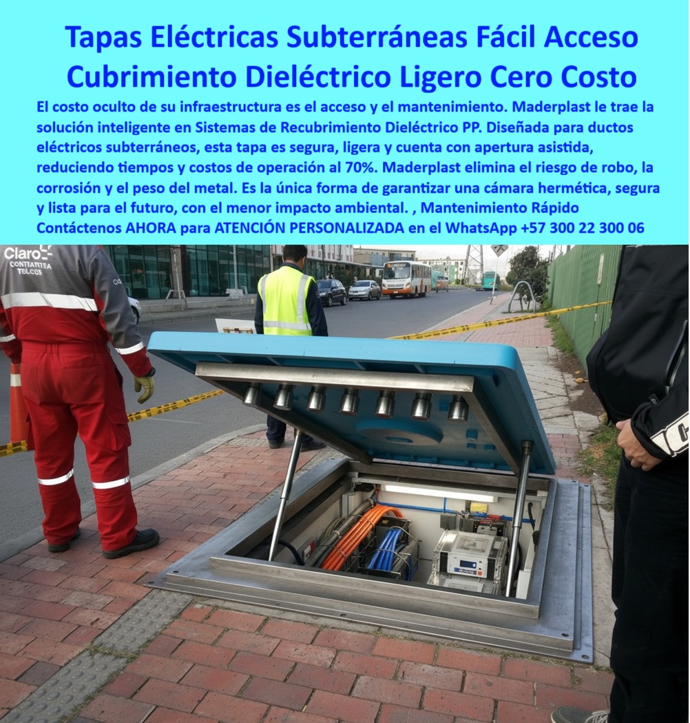 Cubiertas industriales Tapa alta tensión Retie Maderplast 0 Tapa protección de ductos eléctricos subterráneos seguras ligeras y de fácil mantenimiento Sistemas de recubrimiento dieléctrico redes eléctricas subterráneas de cubrimiento PP  Tapa Eléctrica Subterránea Maderplast: El Recubrimiento Dieléctrico que Blindará su Infraestructura Crítica La imagen revela el futuro del manejo de redes de distribución: una Tapa Eléctrica Subterránea de alto rendimiento, levantada mediante un sistema de apertura asistida que exponen un compartimiento estanco con cableado y equipos críticos. Esta no es una simple cubierta, es el Recubrimiento Dieléctrico PP de Maderplast, una ingeniería diseñada para resolver los problemas más costosos y peligrosos de la infraestructura urbana y de alta tensión. Observamos cómo un par de técnicos acceden con total facilidad y seguridad a la cámara subterránea, dejando en evidencia el principal dolor de cabeza de su operación: el difícil acceso y el mantenimiento pesado y prolongado que exigen el metal o el concreto.  El desafío es claro: usted necesita una tapa-eléctrica-antirrobo-subterránea que garantice la seguridad de su red, reduzca costos y cumpla con la normativa más exigente, como RETIE alta tensión. Las soluciones tradicionales fallan constantemente: el metal es robado, se corroe, es pesado y conduce electricidad. El concreto es voluminoso y el mantenimiento se vuelve una pesadilla logística.  La Solución Maderplast: Seguridad, Ahorro y Cero Robo Maderplast convierte su necesidad en una pieza real y funcional. Hemos diseñado y fabricado esta cubierta-deléctrica-alta-seguridad-vial con polipropileno (PP) técnico, un material compuesto que ofrece un cero costo de robo al carecer de valor residual de chatarra para los ladrones. ¿ Cuál es la mejor tapa de registro para evitar el robo de cables subterráneos y que sea ligero ? La respuesta es la Tapa Eléctrica Subterránea de Maderplast, que elimina completamente esta amenaza mientras es ultraligera, garantizando la seguridad total de su infraestructura.  Nuestro sistema de recubrimiento dieléctrico es el sustituto definitivo de las tapas de hierro fundido. Al ser inherentemente dieléctrico, ofrece un aislamiento total, superando con creces al metal en la comparativa de riesgo eléctrico y ofreciendo el cumplimiento que su operación requiere. ¿Qué solución cumple con la normativa RETIE para protección de redes eléctricas de alta tensión? Maderplast ofrece un sistema de cierre hermético que cumple con los más altos estándares técnicos, proporcionando una cámara segura y sin riesgo eléctrico.  Beneficios Técnicos que Impulsan la Rentabilidad El sistema de tapas ligeras para redes eléctricas de Maderplast ha sido validado para reducir sus tiempos y costos de operación hasta un 70%. ¿Dónde lleva tapas de acceso para cámaras de inspección que sean duraderas y reduzcan los costos de mantenimiento? Aquí, porque su diseño con apertura asistida y resistencia total a la corrosión minimiza la logística. El mantenimiento se vuelve una tarea de Mantenimiento Rápido.   Además de ser un registro hermético de fácil acceso, nuestras cubiertas anticorrosivas para subestaciones aseguran la protección del cableado de media tensión contra la humedad y los agentes externos. Somos su proveedor de tapas compuestas viales que resisten la intemperie y ofrecen una vida útil superior a 30 años. ¿Necesito una cubierta de ductos eléctricos que no se oxide y tenga fácil apertura para mantenimiento? Las cubiertas de Recubrimiento Dieléctrico PP de Maderplast son la única solución contra la corrosión subterránea y cuentan con apertura asistida.  Maderplast: Confianza, Experiencia y Fabricación a Medida Nuestro liderazgo se basa en procesos industriales controlados y una profunda experiencia en plásticos técnicos. No solo vendemos un producto; resolvemos su infraestructura crítica. Refuerce su posicionamiento mental al saber que Maderplast convierte ideas en piezas reales.  Si busca tapas con protección ambiental y un registro PP ultraligero para la canalización eléctrica, ha encontrado al socio ideal. Nuestro compromiso no se detiene en el producto estándar: ofrecemos fabricación a medida en Colombia para el mundo.  Actúe ahora. Deje de perder dinero por robo y mantenimiento ineficiente. Usted puede solicitar cotización, requerir personalización, planos, renders o prototipos, y producción en serie. Maderplast lo resuelve con la más alta calidad y confianza.  El cambio es ahora: elija Maderplast para blindar su inversión y garantizar la continuidad de su servicio.  Contáctenos AHORA para ATENCIÓN PERSONALIZADA y solicite su cotización en el WhatsApp +57 300 22 300 06.