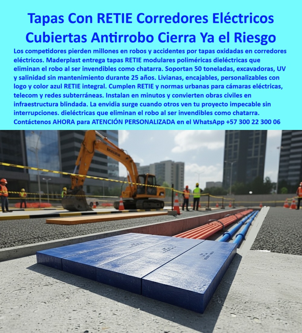Cubiertas industriales Tapa alta tensión Retie Maderplast 0 Tapas cámaras eléctricas urbanas y redes de telecomunicaciones Tapas de canalización eléctrica para obras civiles y redes de potencia subterráneas Tapas modulares corredores eléctricos  Tapas RETIE Corredores Eléctricos Maderplast: La Cubierta Antirrobo Dieléctrica que Cierra el Riesgo y Elimina el Robo para Siempre En plena obra urbana, una excavadora naranja levanta tierra mientras dos tapas RETIE corredores eléctricos Maderplast azules intensos cubren perfectamente un corredor subterráneo de cables de alta tensión y telecomunicaciones. Encajadas a ras del pavimento, llevan grabado “MADERPLAST” y “RETIE” en alto relieve, superficie antiderrapante y bordes que permiten unirlas como piezas de lego. Son 100 % Dieléctricas, invendibles como chatarra y resisten 50 toneladas sin un solo milímetro de deformación. En ciudades y proyectos de energía, el robo de tapas de hierro fundido o concreto armado genera millones en reposiciones, electrocuciones fatales y apagones de días enteros. Cada tapa robada es un hueco mortal y una interrupción de servicio que enfurece a la comunidad. El ingeniero que firma hoy ya no permite ese riesgo: exige tapas RETIE antirrobo Dieléctricas que cumplan NTC 2050 y eliminen el problema de raíz. Maderplast fabrica en Colombia la tapa dieléctrica RETIE 50 toneladas que ya cambió el estándar de todas las electrificadoras. Moldeadas en polímero técnico azul RETIE integral, no conducen electricidad, no tienen valor de reventa y resisten excavadoras, salinidad costera y rayos UV por 25 años sin mantenimiento ni pintura. Son livianas, encajables entre sí para cualquier longitud, personalizables con el logo de la empresa y se instalan en minutos sobre marcos existentes. ¿Necesitas tapa RETIE modular azul maderplast que soporte tráfico pesado sin riesgo eléctrico? Esta misma cubierta RETIE cámaras eléctricas urbanas ya protege corredores de media y alta tensión en las principales ciudades del país. ¿Buscas tapa RETIE alta tensión sin robo que evite accidentes mortales? Al ser 100 % aislante y sin valor metálico, elimina electrocuciones y robos al mismo tiempo. ¿Quieres tapa RETIE encajable obra civil que convierta cualquier proyecto en infraestructura blindada? Se unen entre sí sin herramientas y quedan perfectamente a nivel. TESTIMONIO REAL – EPM MEDELLÍN “En el proyecto de reposición de redes de media tensión en el centro de Medellín nos robaban hasta 8 tapas de hierro fundido por semana. Cada robo significaba 48 horas sin luz y millones de pérdidas. Cambiamos todo el corredor por Tapas RETIE Antirrobo Maderplast azules y en 18 meses llevamos CERO robos. La excavadora de 40 toneladas pasó encima sin problema, la instalamos en minutos y el color azul RETIE con nuestro logo quedó perfecto. Hoy todas nuestras obras nuevas solo especifican Maderplast.” — Ing. Javier Alonso Restrepo, Director de Proyectos Eléctricos – EPM Medellín En Maderplast convertimos tu plano en realidad: diseñamos tapas RETIE a medida, entregamos certificados dieléctricos, cálculos estructurales, renders 3D y producción en serie con procesos controlados. Da igual que necesites tapa RETIE redes subterráneas energía, cubierta RETIE telecomunicaciones antirrobo o tapa RETIE municipal eléctrica con tu logo; lo fabricamos, lo certificamos y lo ponemos en obra en tiempo récord. Deja de perder millones en robos y reposiciones. Instala la única tapa RETIE que las electrificadoras más grandes del país ya no cambian nunca más. Escribe ahora al WhatsApp +57 300 22 300 06 y habla directamente con un ingeniero especialista en redes eléctricas RETIE. Cuéntanos longitud del corredor, carga requerida y logo institucional; en horas tendrás cotización técnica completa y la certeza de que tu red quedará blindada contra robo y accidentes para siempre. Maderplast – Donde la electricidad fluye segura y sin interrupciones. Contacta ya y cierra el riesgo de una vez por todas.