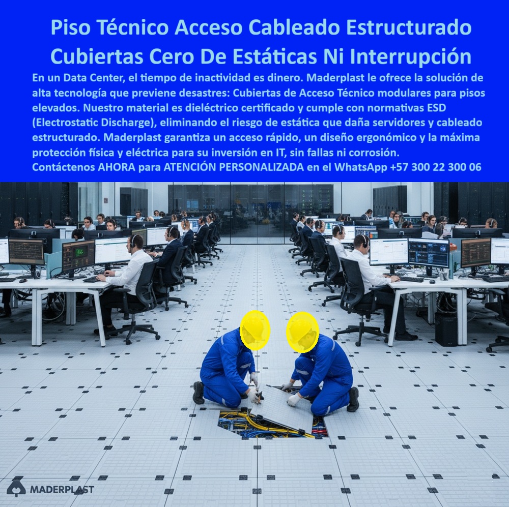 Cubiertas salas de servidores de cómputo data centers Maderplast 0 Cubierta Acceso técnico cableado estructurado y pisos elevados en centros de datos Cuarto modular dieléctrico cubrir y proteger redes eléctricas datos en salas de servidores Tapa  Piso Técnico Acceso Cableado Estructurado: Cubiertas Cero De Estáticas Ni Interrupción La imagen es la definición de misión crítica: un Data Center con filas de operadores, donde el tiempo de inactividad se traduce en pérdidas millonarias. Maderplast le ofrece la solución de alta tecnología que previene desastres: el Piso Técnico Acceso Cableado Estructurado.   El riesgo latente bajo su piso elevado es invisible y catastrófico: estática (ESD) que daña servidores y cableado estructurado, y la corrosión que compromete la integridad física. El metal y los materiales obsoletos ya no son viables en centros de cómputo de esta escala.  Dieléctrico Certificado ESD: Máxima Protección Eléctrica y Cero Falla Maderplast elimina el riesgo eléctrico y las fallas con su polímero avanzado. Nuestro material es dieléctrico certificado y cumple rigurosamente con normativas ESD (Electrostatic Discharge). Pregunta: ¿Cuál es el mejor piso técnico para Data Centers que elimina el riesgo de estática? El Piso Técnico Maderplast.   Este registro dieléctrico certificado ESD garantiza la máxima protección eléctrica para su inversión en TI. La solución de protección eléctrica física servidores elimina el riesgo de estática que daña sus tapas para salas de servidores y cubiertas que no dañan servidores, asegurando la infraestructura de misión crítica.  Acceso Rápido y Diseño Ergonómico Modular La eficiencia en el mantenimiento es crucial para garantizar la cero interrupción. Maderplast ofrece cubiertas de acceso modulares para pisos elevados con un diseño ergonómico que garantiza un acceso rápido al cableado. ¿Dónde encuentro tapas modulares de acceso rápido para salas de servidores y centros de cómputo? La cubierta de acceso al Centro de Datos de Maderplast está pensada para optimizar su tiempo de inspección.  Si busca una solución que garantice Cero Estáticas ni Interrupción y evite el ciclo de fallas y corrosión que caracteriza a las cubiertas obsoletas, la tapa modular dieléctrica normativas ESD de Maderplast es su única inversión inteligente.   TESTIMONIO DEL DIRECTOR DE OPERACIONES  "Soy el Director de Operaciones del Data Center. El riesgo de estática (ESD) y la corrosión de las tapas de acceso metálicos eran amenazas constantes que podrían causar una interrupción millonaria. La solución de Maderplast con su Piso Técnico Dieléctrico fue la inversión más inteligente. Su material dieléctrico certificado eliminó el riesgo de estática, protegiendo nuestros servidores y cableado estructurado. El diseño modular garantiza un acceso rápido y seguro. Maderplast nos aseguró la máxima protección física y eléctrica, dándonos Cero Estáticas ni Interrupción y la Tranquilidad de cero fallas ni corrosión."  Asegure la continuidad de su servicio. Adquiera el Piso Técnico Maderplast y obtenga Cero Estáticas ni Interrupción, la máxima protección para su inversión en TI.  Contáctenos AHORA para ATENCIÓN PERSONALIZADA en el WhatsApp +57 300 22 300 06 y prevenga desastres.