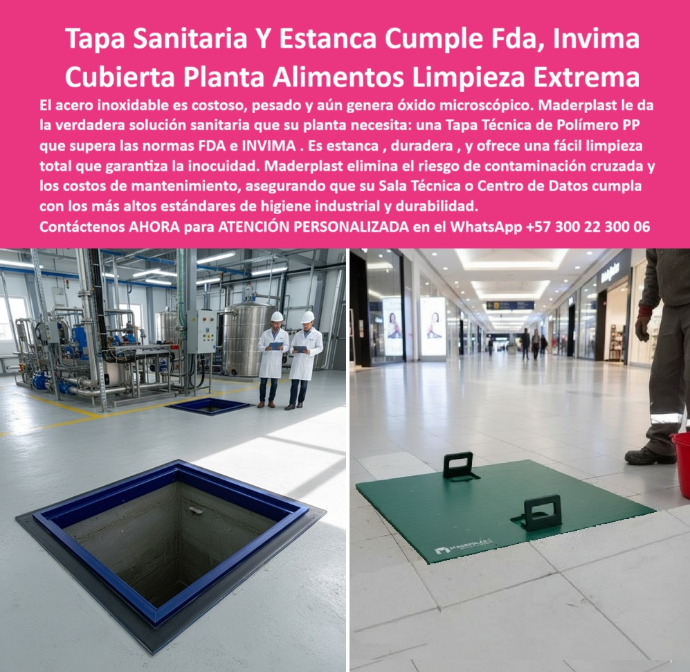 Tapa Acero Inoxidable Norma Sanitaria FDA INVIMA Tapa Maderplast 0 Tapa sanitaria para plantas de alimentos Cumple normas FDA e INVIMA estanca durable y de fácil limpieza Sala técnica o centro de datos tapas con manijas amarillas Tapa técnica PP  Tapa Sanitaria FDA INVIMA Estanca Maderplast: La Cubierta de Polímero PP que Supera al Acero Inoxidable en Limpieza Extrema y Cumple Inocuidad Total Doble imagen de higiene absoluta: a la izquierda, en una planta de alimentos impecable, dos técnicos con bata y casco blanco revisan una tapa sanitaria FDA INVIMA Maderplast azul marino abierta que muestra interior perfectamente liso; a la derecha, en un centro comercial de lujo, una tapa verde esmeralda con dos manijas amarillas ergonómicas queda a ras del piso blanco mientras un operario la limpia sin esfuerzo. Ambas son 100 % polímero PP grado alimenticio certificado FDA e INVIMA, sin poros, con junta de silicona sanitaria y bordes redondeados que eliminan cualquier zona de retención de suciedad. En plantas de alimentos, lácteos, bebidas, farmacéuticas y centros de datos, el acero inoxidable se raya, genera óxido microscópico y acumula bacterias en minutos. Cada auditoría INVIMA o FDA encuentra hallazgos, cada limpieza requiere desmontes pesados y cada tapa oxidada pone en riesgo toda la producción. Los gerentes de calidad más exigentes ya no lo toleran: necesitan una tapa sanitaria de alimentos que garantice inocuidad real y limpieza total con solo agua a presión. Maderplast fabrica en Colombia la tapa estanca que planta alimentos maderplast que ya es caso de éxito en las multinacionales más estrictas. Moldeada en polímero PP grado alimenticio certificado FDA e INVIMA, su superficie lisa sin poros y junta de silicona sanitaria logra estanqueidad absoluta y cero retención de residuos. Es ultraliviana (una persona la abre), resiste productos químicos de limpieza agresivos y dura más de 25 años impecable sin rayarse ni degradarse. ¿Buscas tapa sanitaria limpieza extrema pp que reemplace acero inoxidable de una vez por todas? Esta misma tapa fda invima fácil limpieza ya protege salas técnicas en Alpina, Nestlé y las principales plantas del país. ¿Necesitas tapa estanca centro datos alimentos que elimine contaminación cruzada? Su sello sanitario total y material inerte lo consiguen. ¿Quieres tapa sanitaria manijas amarillas que pase auditorías internacionales sin observaciones? Superficie lisa, bordes redondeados y certificados completos incluidos. TESTIMONIO REAL – ALPINA PRODUCTOS ALIMENTICIOS S.A. “En nuestra planta de lácteos en Cajicá las tapas de acero inoxidable se rayaban, acumulaban bacterias y cada auditoría INVIMA era un dolor de cabeza. Instalamos las Tapas Sanitarias FDA INVIMA Maderplast verdes y azules en toda la sala técnica y los resultados fueron inmediatos: limpieza con hidrolavadora en minutos, cero hallazgos microbiológicos en 3 años, los operarios las abren sin esfuerzo y la junta estanca elimina cualquier riesgo de contaminación cruzada. Hoy somos caso de éxito ante FDA y todas nuestras nuevas plantas solo usan Maderplast.” — Ing. Laura Martínez, Gerente de Calidad e Inocuidad – Alpina Productos Alimenticios S.A. En Maderplast convertimos tu protocolo de inocuidad en pieza real: fabricamos en azul, verde o color institucional, con o sin manijas, entregamos certificados FDA, INVIMA, ensayos microbiológicos y producción en serie con trazabilidad total. Da igual que necesites tapa sanitaria sala blanca alimentos, tapa estanca cuarto máquinas alimentos o tapa fda invima centro comercial; la diseñamos, la certificamos y la entregamos lista para auditoría. Deja de arriesgar tu certificación y tu producción. Instala la única tapa sanitaria que las plantas de alimentos más exigentes del país ya hicieron obligatoria. Escribe ahora al WhatsApp +57 300 22 300 06 y habla directamente con un ingeniero especialista en higiene alimentaria. Cuéntanos tu norma, medidas y color requerido; en horas tendrás cotización técnica completa y la seguridad de que tu sala técnica cumplirá FDA e INVIMA sin una sola observación por los próximos 25 años. Maderplast – Higiene que no se oxida, inocuidad que no se negocia. Contacta ya y protege tu producción como las marcas líderes.   Tapa Acero Inoxidable Norma Sanitaria FDA INVIMA Tapa Maderplast 0 Tapa sanitaria para plantas de alimentos Cumple normas FDA e INVIMA estanca durable y de fácil limpieza Sala técnica o centro de datos tapas con manijas amarillas Tapa técnica PP