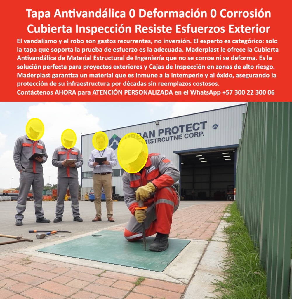 Tapa Anti Vandálica Cajas De Inspección Ensayo Y Pruebas Maderplast 0 Tapa instalada en zonas de obra y sometida a prueba de vandalismo y esfuerzo Material estructural de ingeniería que no se corroe ni se deforma Perfecta para proyectos Exterior  Tapa Antivandálica 0 Deformación 0 Corrosión: Cubierta Inspección Resiste Esfuerzos Exterior La imagen, que captura a un técnico aplicando fuerza intensa sobre una Tapa Antivandálica verde bajo la atenta mirada de supervisores en una instalación exterior, es la máxima prueba de durabilidad. El experto es categórico: solo la tapa que soporta la prueba de esfuerzo es la adecuada.  El vandalismo y el robo son gastos recurrentes, no inversión, y la corrosión en proyectos exteriores destruye la integridad de las cajas de inspección. Usted necesita una Cubierta Inspección Resiste Esfuerzos Exterior que garantice protección por décadas.  Material Estructural de Ingeniería: Inmune al Óxido ya la Deformación Maderplast le ofrece la solución perfecta para proyectos exteriores y Cajas de Inspección en zonas de alto riesgo. Pregunta: ¿Cuál es la tapa de inspección exterior que no se corroe ni se deforma por impactos? La Cubierta Antivandálica Maderplast.   Cero Corrosión y Deformación: La Cubierta Antivandálica de Material Estructural de Ingeniería garantiza 0 Deformación y 0 Corrosión. Es un material inmune a la intemperie y al óxido, eliminando los gastos recurrentes por vandalismo y robo.   Resistencia a Esfuerzos: Solo Maderplast soporta la prueba de esfuerzo aplicada por el técnico, asegurando que su registro que no se deforma proteja la infraestructura crítica por décadas.  Protección Garantizada por Décadas Sin Reemplazos Maderplast asegura la protección de su infraestructura por décadas sin reemplazos costosos. Si usted se pregunta ¿Cómo llevo tapas para exteriores que no necesiten reemplazos costosos y aseguren mi infraestructura por décadas? La respuesta es instalando la Tapa Antivandálica Maderplast, el registro cero corrosión exterior más confiable.  Somos su proveedor líder en tapas de Material Estructural de Ingeniería para la industria, con procesos controlados y experiencia en plásticos técnicos que garantizan la máxima confiabilidad.  TESTIMONIO DEL GERENTE DE MANTENIMIENTO  "Soy el Gerente de Mantenimiento de 'GRAN PROTECT'. El robo de tapas y la corrosión por la intemperie eran un gasto recurrente, no una inversión. El experto exigió una tapa que soportará la prueba de esfuerzo. La Tapa Antivandálica Maderplast cumplió, demostrando 0 Deformación y siendo inmune al óxido. Su Material Estructural de Ingeniería nos dio la solución perfecta para nuestros proyectos exteriores y cajas de inspección, asegurando la protección de nuestra infraestructura por sin reemplazos costosos."  Invierta en la seguridad duradera. Adquiera la Tapa Antivandálica Maderplast y asegure una Cubierta de Inspección que Resiste Esfuerzos, garantizando 0 Deformación y 0 Corrosión por décadas.  Contáctenos AHORA para ATENCIÓN PERSONALIZADA en el WhatsApp +57 300 22 300 06.