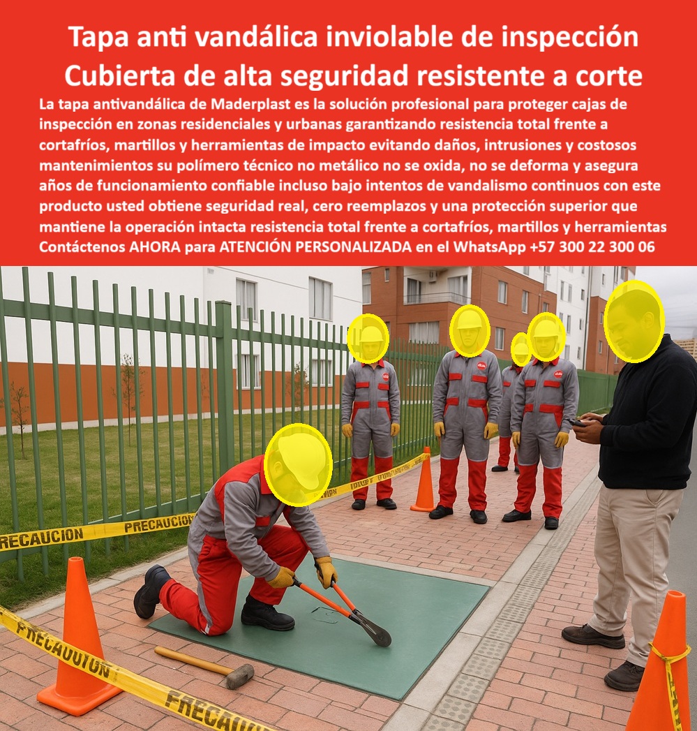 Tapa Anti Vandálica Cajas De Inspección Ensayo Y Pruebas Maderplast 0 Tapas inviolables con Herramientas de Corte y Golpe Prueba controlada con cortafrío e instrumentos de fuerza zona residencial con observadores Ensayo con cincel y martillo UV  Tapa Anti Vandálica Inviolable de Inspección: Cubierta de Alta Seguridad Resistente a Corte La imagen, que muestra una prueba de asalto controlada sobre la Tapa Antivandálica verde, donde un técnico aplica fuerza con un cortafríos, es la máxima prueba de la seguridad urbana. La Tapa Antivandálica Inviolable de Inspección de Maderplast es la solución profesional para proteger cajas de inspección en zonas residenciales y urbanas.   El problema del vandalismo es la vulnerabilidad del material. Los costosos mantenimientos y las intrusiones son el resultado directo de usar tapas metálicas que ceden ante cortafríos, martillos y herramientas de impacto.   Resistencia Total al Corte y Cero Corrosión Maderplast garantiza resistencia total y un funcionamiento confiable. Pregunta: ¿Cuál es la tapa de inspección que resiste cortafríos, martillos y es inviolable en zonas urbanas? La Tapa Antivandálica Maderplast.  Inviolabilidad Garantizada: Está Cubierta de Alta Seguridad Resistente a Corte está probada contra cortafríos, martillos y herramientas de impacto, manteniéndose intacta incluso bajo intentos continuos de vandalismo.   Durabilidad Superior: Su polímero técnico no metálico no se oxida, no se deforma y elimina los costosos mantenimientos asociados al metal.  Si usted busca cubiertas de alta seguridad probadas contra herramientas de corte e impacto, la tapa-antivandalica-inviolable-de-inspección de Maderplast es la única que le ofrece seguridad real, cero reemplazos y una protección superior.   Seguridad Real y Funcionamiento Confiable Maderplast asegura años de funcionamiento confiable para su infraestructura. Si se pregunta ¿Cómo llevo tapas para exteriores que garanticen seguridad real y cero reemplazos bajo ataques continuos? La respuesta es instalando la Tapa Antivandálica Maderplast, que elimina la vulnerabilidad de su registro para una infraestructura intacta contra todo tipo de intrusión.  Somos el proveedor líder en tapas antivandálicas profesionales y garantizamos que su inversión se mantendrá intacta por décadas.  TESTIMONIO DEL GERENTE DE SEGURIDAD  "Soy el Gerente de Seguridad de la Constructora. Las tapas metálicas eran el blanco de robos con cortafríos y martillos, contándonos reemplazos costosos e intrusiones. El experto exigió una solución inviolable. La Tapa Antivandálica Maderplast es la única que garantiza resistencia total frente a corte. Su polímero técnico no se oxida ni se deforma, y ​​pasó la prueba de esfuerzo manteniendo la operación intacta. Con Maderplast, obtuvimos real para nuestras cajas de inspección, con seguridad cero reemplazos por décadas, algo que el metal nunca logró."  Invierta en seguridad inquebrantable. Adquiera la Tapa Antivandálica Maderplast y asegure una Cubierta Inviolable de Inspección que le dará seguridad real y cero reemplazos.  Contáctenos AHORA para ATENCIÓN PERSONALIZADA en el WhatsApp +57 300 22 300 06.