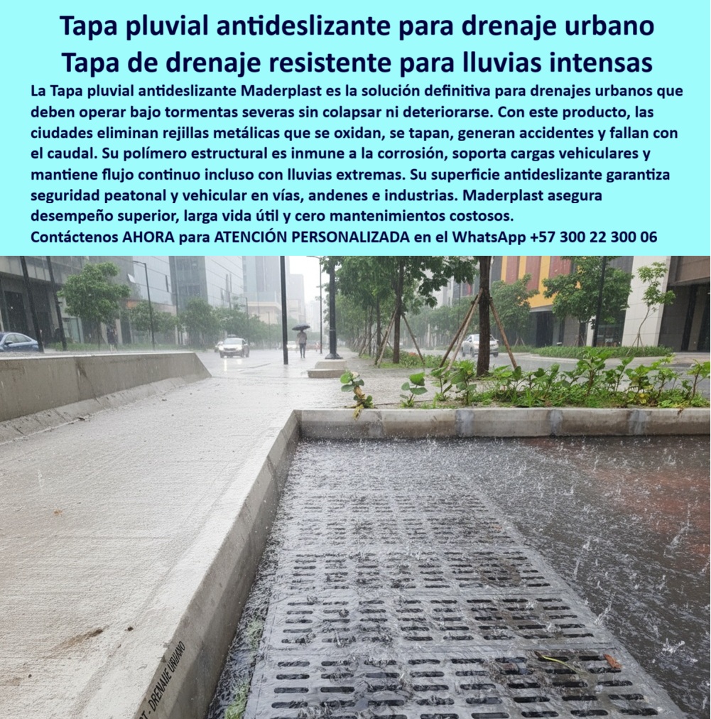 Tapa Hermética de Gran Formato para Cuartos Técnicos Maderplast 0 Cubiertas Plástica de Drenaje Pluvial Urbano Cubierta Antideslizante para Evacuación de Aguas Lluvias Tapas áreas industriales Calle urbana con drenaje bajo lluvia intensa tapas  Tapa Pluvial Antideslizante Maderplast: Tapa de Drenaje Resistente para Lluvias Intensas La Tapa Pluvial Antideslizante Maderplast es la solución definitiva para el drenaje urbano y las tapas de drenaje industrial, diseñada para operar bajo lluvias intensas sin colapsar ni deteriorarse. La imagen, capturada en medio de una precipitación severa, muestra la eficiencia de nuestra rejilla estructural anticorrosiva que gestiona un caudal extremo. Con este producto, las ciudades y empresas eliminan el problema de las rejillas metálicas que se oxidan, se tapan y generan accidentes al fallar.  Polímero Estructural: Inmune a la Corrosión y Soporte Vehicular La durabilidad y el rendimiento hidráulico son vitales. El polímero estructural de Maderplast es inmune a la corrosión y mantiene un flujo continuo incluso durante tormentas severas. ¿Cómo puedo reemplazar las rejillas metálicas de drenaje urbano que se oxidan y generan accidentes? La Tapa Pluvial Maderplast elimina el metal, ofreciendo unas cubiertas inmunes a la corrosión que aseguran la longevidad de su infraestructura.  Nuestras tapas soporte cargas vehiculares están diseñadas para vías y andenes, asegurando que las cubiertas para tráfico vehicular no colapsen ni se deterioren. Necesito tapas de drenaje pluvial que soporten cargas vehiculares sin colapsar durante lluvias intensas. Maderplast garantiza una larga vida útil y cero mantenimientos costosos, lo que se traduce en ahorros medibles.  Seguridad Superior Antideslizante y Drenaje Confiable La seguridad en el espacio público y en las industrias es prioritaria. ¿Hay tapas de alcantarillado que garanticen seguridad peatonal superior en vías y andenes mojados? Sí. La Tapa Pluvial Antideslizante Maderplast integra una superficie antideslizante que garantiza seguridad peatonal superior y vehicular, minimizando el riesgo de accidentes urbanos en ambientes húmedos.  Maderplast convierte sus ideas en piezas reales a medida, proporcionando tapas con desempeño confiable y cubiertas que no se tapan, gracias a su diseño que optimiza el caudal. Somos el proveedor de tapas pluviales urbanas que garantiza cubiertas cero mantenimientos.  TESTIMONIO: CERO ACCIDENTES Y CERO MANTENIMIENTO EN DRENAJE URBANO "La Alcaldía de nuestra ciudad enfrenta dos crisis: las rejillas metálicas de drenaje eran robadas o se oxidan a los pocos meses, causando accidentes por el deslizamiento en días de lluvia. El Secretario de Infraestructura Urbana, Ing. Darío Soto, optó por la Tapa Pluvial Antideslizante Maderplast. Su polímero estructural es inmune a la corrosión, resolviendo el problema de durabilidad y robo. Además, su superficie antideslizante garantiza una seguridad peatonal superior en los andenes. El resultado ha sido un cero en mantenimientos costosos y la certeza de que el drenaje mantiene el flujo continuo, operando sin colapsar incluso bajo los aguaceros más fuertes."  Maderplast: La Inversión Responsable para la Ciudad Si busca cubiertas resistentes lluvias intensas y tapas de drenaje urbano que eliminen el ciclo de robo y corrosión, la tapa-pluvial-antideslizante-drenaje-urbano es la inversión inteligente.  Active su intención de compra hoy mismo. Solicite su cotización, pida planos/renders/prototipos y asegure un drenaje resistente para su infraestructura.  Contáctenos AHORA para ATENCIÓN PERSONALIZADA en el WhatsApp +57 300 22 300 06. Invierta en la larga vida útil y el desempeño superior de Maderplast.