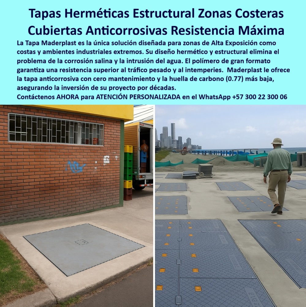 Tapa Hermética de Gran Formato para Cuartos Técnicos Maderplast 0 Cubiertas Tapa Plástica Hermética Zonas de Alta Exposición proyectos industriales y de infraestructura costera o urbana Tapa plástica estructural diseñada patios industriales  Tapas Herméticas Estructurales Zonas Costeras Maderplast: Cubiertas Anticorrosivas Resistencia Máxima La Tapa Hermética Estructural Maderplast es la única solución diseñada para zonas de Alta Exposición como costas y ambientes industriales extremos. La imagen muestra la aplicación de estas cubiertas anticorrosivas resistencia máxima cerca del mar, donde la amenaza de la corrosión salina y la intrusión del agua cero es constante. La Tapa Hermética Maderplast elimina el colapso de las tapas metálicas, garantizando la inversión de su proyecto por décadas.  Blindaje Hermético: Resistencia Máxima a la Salinidad y Tráfico Pesado En entornos de alta agresividad como puertos y muelles, la corrosión es un enemigo operativo. ¿Cómo elimino el problema de la corrosión salina y la oxidación en las tapas de acceso de mi planta costera? El polímero de gran formato de Maderplast es intrínsecamente tapas de polímero anticorrosivo, un material que garantiza cero mantenimiento y tapas que no se oxidan.  Nuestro diseño de tapas estructurales herméticas no solo elimina la corrosión salina, sino que también asegura la hermeticidad y resiste las intemperías más severas. La cubierta resistencia máxima garantiza que las tapas que soportan tráfico pesado mantengan su integridad estructural bajo cualquier condición. ¿Necesito cubiertas estructurales para zonas de alta exposición que soporten tráfico pesado y cero mantenimiento? Adquiera la losa de polímero de gran formato Maderplast.  Cero Mantenimiento y Huella de Carbono Baja La decisión de ingeniería debe ser eficiente y sostenible. La Tapa Hermética Estructural es una inversión segura durante décadas que optimiza su OPEX a largo plazo. ¿Hay tapas modulares de gran formato con el menor impacto ambiental para la infraestructura costera? Maderplast ofrece la ventaja competitiva de tener la huella de carbono (0.77) más baja, alineando la máxima resistencia con la responsabilidad ecológica.  Maderplast convierte sus ideas en piezas reales a medida, con procesos industriales controlados que aseguran la calidad de estas tapas para ambientes industriales extremos y cubiertas que blindan proyectos.  TESTIMONIO: ELIMINACIÓN DE CORROSIÓN SALINA EN EL PUERTO "En la ampliación del puerto de Cartagena, el Director de Proyectos de Ingeniería, Dr. Miguel Osorio, nos enfrentamos al desafío de la corrosión salina, que destruye el acero en meses, y la constante intrusión de agua. Necesitábamos una solución de resistencia máxima. La instalación de las Tapas Herméticas Estructurales Maderplast fue la única opción. Su diseño hermético y material anticorrosivo de polímero eliminó por completo el problema del óxido y garantizó que la intrusión de agua fuera cero. Esto nos permite asegurar la inversión del puerto por décadas y eliminar los costos recurrentes de mantenimiento en una de las zonas más corrosivas del mundo."  Maderplast: La Inversión Cierta en la Larga Vida de su Costa Si busca tapas para zonas de alta exposición y cubiertas para infraestructura costera que garanticen la protección subterránea contra la salinidad y la humedad extrema, la tapas-herméticas-zonas-costeras-salinidad es la única opción.  Active su intención de compra hoy mismo. Solicite su cotización, pida planos/renders/prototipos y asegure la protección de su proyecto por décadas.  Contáctenos AHORA para ATENCIÓN PERSONALIZADA en el WhatsApp +57 300 22 300 06. Invierta en la resistencia máxima y el cero mantenimiento de Maderplast.