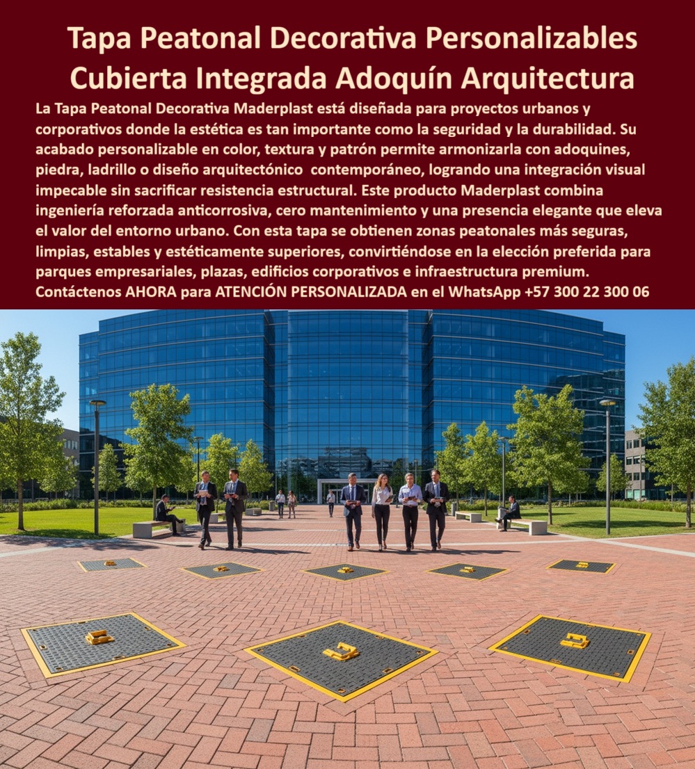 Tapa Peatonal Acabado Personalizable Con Color Y Textura Maderplast 0 Tapa con integración estética La ambientación Tapas diseñadas a tapas decorativas Tapas armonizadas con el diseño de seguridad Tapa decorativa Diseño piedra o adoquín Tapa Tapa Peatonal Decorativa Personalizable Maderplast: Cubierta Integrada Adoquín, la Elección de la Arquitectura La Tapa Peatonal Decorativa Maderplast es la única solución de ingeniería diseñada para proyectos urbanos y corporativos donde la estética es tan importante como la seguridad y la durabilidad. La imagen muestra su integración impecable en el pavimento de adoquín de un complejo empresarial premium. Este producto resuelve el dolor de cabeza de la arquitectura: el fallo estético de las tapas metálicas que sabotean el valor del entorno.  Acabado Personalizable: Integración Visual Impecable sin Sacrificar Estructura Maderplast convierte el acceso técnico en una pieza de diseño. ¿Cómo integrar tapas de acceso en una plaza urbana que mantengan la estética de adoquín y sean seguras? Nuestro acabado personalizable en color, textura y patrón (adoquín, patrón ladrillo piedra) permite armonizar completamente la cubierta integrada adoquín con el diseño arquitectónico contemporáneo. ¿Hay tapas con textura que simula piedra o ladrillo para edificios corporativos premium? Sí, Maderplast lo ofrece, logrando una integración visual impecable.  Este producto Maderplast combina ingeniería reforzada y resistencia estructural reforzada con el diseño, asegurando tapas de acceso estético que no fallan bajo uso constante.  Cero Mantenimiento, Seguridad y Presencia Elegante La Tapa Peatonal Decorativa es una inversión que eleva la categoría de su infraestructura. tapas que elevan valor urbano al ser cubiertas anticorrosivas premium con cero mantenimiento. ¿Cuál es la inversión en infraestructura que combina ingeniería reforzada con diseño arquitectónico contemporáneo? Es Maderplast, que le da la certeza de tener zonas peatonales más seguras, limpias, estables y estéticamente superiores.  Somos la elección preferida para parques empresariales, plazas y edificios corporativos porque ofrecemos tapas de seguridad para plazas y la garantía de cero oxidación. Maderplast consolida el diseño arquitectónico con estabilidad y seguridad visual innegociables.  TESTIMONIO: ESTABILIDAD E INTEGRACIÓN EN CAMPUS TECNOLÓGICO "En la remodelación de la plaza de acceso del Campus Tecnológico, el Arquitecto Director de Proyecto, Lic. Elena Rojas, nos impuso un desafío: las tapas de registro debían integrarse perfectamente con el pavimento de adoquín para mantener la línea de diseño, sin usar metal. La Tapa Peatonal Decorativa Maderplast fue la solución. Su acabado personalizable en color y patrón de adoquín nos permitió una integración visual impecable, algo que ninguna otra tapa ofrecía. El polímero anticorrosivo y reforzado garantizó cero mantenimiento y una estabilidad estructural que elevó la percepción de calidad y seguridad de nuestro proyecto premium."  Maderplast: Convierta sus Accesos en una Declaración de Diseño Si busca tapas de inspección anticorrosivas para infraestructura premium y cubiertas modulares decorativas que armonicen con el entorno, la tapa-decorativa-arquitectura-peatonal-urbana es la decisión de experto.  Active su intención de compra hoy mismo. Maderplast convierte sus ideas en piezas reales a medida. Solicite su cotización, pida planos/renders/prototipos y asegure la durabilidad probada de su proyecto.  Contáctenos AHORA para ATENCIÓN PERSONALIZADA en el WhatsApp +57 300 22 300 06. Invierta en la elegancia, la seguridad y el cero mantenimiento de Maderplast.