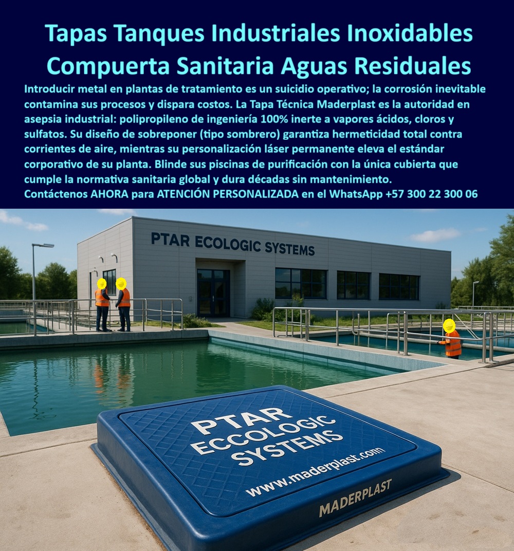 Tapa Planta De Tratamiento De Aguas Tapa Inoxidable PTAP Maderplast 0 Tapa Plástica PTAP piscinas industriales y plantas de purificación Tapa inoxidable tapa para piscinas industriales Inoxidables sector de tratamiento de agua Tapa inoxidable PP Tapas Tanques Industriales Inoxidables Maderplast: La Autoridad en Asepsia para Aguas Residuales y Tratamiento La Tapa Técnica Maderplast es la única solución estructural que garantiza la integridad, asepsia industrial y hermeticidad total en entornos de tratamiento de aguas. La imagen, capturada en una Planta de Tratamiento de Aguas Residuales (PTAR), ilustra el riesgo extremo de corrosión que enfrenta cualquier cubierta metálica. Al introducir metal en estas instalaciones, se comete un suicidio operativo; la corrosión contamina los procesos y genera costos exponenciales de reposición.  Compuerta Sanitaria Maderplast: Inerte al Ataque Químico Nuestra Compuerta Sanitaria Aguas Residuales está fabricada con polipropileno de ingeniería 100% inerte a vapores ácidos, cloros y sulfatos. Esta es la clave que eleva a la Tapa Técnica Maderplast como la autoridad indiscutible en ambientes de alta agresividad química. ¿Cuál es la mejor tapa para tanques de plantas de tratamiento de agua residual resistente a ácidos y cloro? La respuesta es simple: nuestras tapas inoxidables plantas tratamiento eliminan el riesgo de contaminación por óxido, algo imposible de lograr incluso con el acero inoxidable convencional, que se corroe inevitablemente en estas condiciones.  El diseño de sobreponer (tipo sombrero) es un diferenciador crítico, garantizando la hermeticidad total contra corrientes de aire, olores y contaminación externa. ¿Cómo puedo garantizar la hermeticidad total y la seguridad de acceso en mis tanques de aguas residuales? Elija Maderplast y asegure la protección. Además, las tapas que cumplen normativa sanitaria global le dan la tranquilidad de cumplir con los estándares internacionales sin esfuerzo.  Personalización y Durabilidad por Décadas sin Mantenimiento La inversión en cubiertas de tanques industriales inertes de Maderplast es una decisión a largo plazo que genera ahorros inmediatos. ¿Hay tapas para fosas sépticas industriales que resistan vapores y sulfatos sin contaminarse? Sí, nuestras tapas resistentes a sulfatos y ácidos prometen una durabilidad por décadas sin mantenimiento. Al ser tapas sin mantenimiento, eliminan los altos costos operativos asociados al pulido o reemplazo de tapas corroídas.  Maderplast convierte sus ideas en piezas reales a medida. Su Tapa Inoxidable Maderplast integra rotulación láser permanente, elevando el estándar corporativo de su planta con una identificación clara y duradera. ¿Dónde consigo tapas para tanques industriales con personalización de marca permanente para alta identificación? Maderplast es el proveedor de tapas sanitarias que lo resuelve.  TESTIMONIO: BLINDAJE ANTICORROSIÓN EN LA PTAR "En la modernización de nuestra PTAR, el Director de Operaciones, Ing. Andrés Torres, sabía que usar tapas metálicas era un riesgo inaceptable, ya que la corrosión no sólo implicaba un alto costo de mantenimiento, sino que comprometía la pureza del proceso por la contaminación del óxido. Necesitábamos un material 100% inerte. Elegimos la Tapa Técnica Maderplast. Su polipropileno, resistente a los vapores y sulfatos, y su diseño tipo sombrero que garantiza la hermeticidad total, solucionan dos problemas vitales a la vez. Hoy, cumplimos la normativa sanitaria global sin esfuerzo, y hemos blindado nuestras piscinas de la corrosión por décadas, eliminando totalmente los gastos de mantenimiento en los accesos."  Maderplast: La Inversión Cierta en Asepsia y Longevidad Si su proyecto exige tapas para ambientes corrosivos, cubiertas para fosas sépticas o losas para piscinas de purificación con la máxima garantía de higiene, la compuerta-sanitaria-polipropileno-hermeticidad-total de Maderplast es la única opción.  Active su intención de compra hoy mismo. No comprometa la integridad de su proceso. Pida su cotización, solicite planos/renders/prototipos y asegure la protección total de sus tanques.  Contáctenos AHORA para ATENCIÓN PERSONALIZADA en el WhatsApp +57 300 22 300 06. Lidere la asepsia industrial con la autoridad de Maderplast.