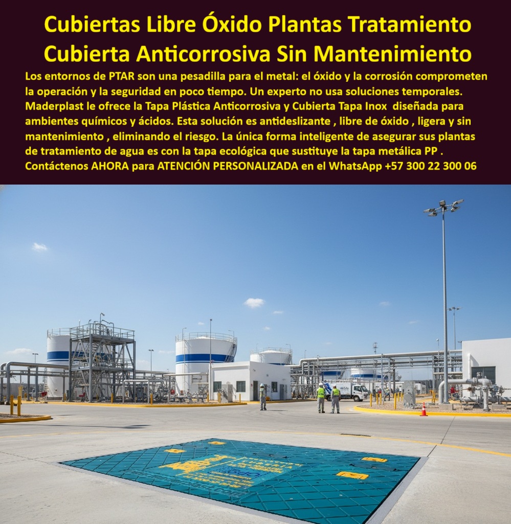 Tapa Plástica Anticorrosiva Cubiertas Tapas Inox Ptar Maderplast 0 Cubierta tapa de Diseño seguro antideslizante y libre de óxido Tapa ecológica plantas de tratamiento de agua Anticorrosiva ligera y sin mantenimiento Sustituye tapa metálica PP  Cubiertas Anticorrosivas Libre Óxido Maderplast: La Tapa Plástica que Sustituye para Siempre el Acero Inoxidable en PTAR y PTAP Bajo un cielo azul intenso, en el corazón de una moderna planta de tratamiento de aguas residuales, destaca una gran cubierta anticorrosiva ptar libre óxido Maderplast de color turquesa brillante. Perfectamente a ras del concreto, su textura romboidal antiderrapante y dos asas amarillas retráctiles ergonómicas permiten abrirla con una sola mano. Tres operarios con chaleco verde observan cómo los vehículos pasan directo sin dañarla. Tanques blancos gigantes y redes de tuberías la rodean: esta tapa plástica tratamiento aguas residuales resiste cloro, ácidos, lodos y rayos UV sin degradarse nunca. En plantas de tratamiento de agua potable PTAP y residuales PTAR, el óxido es el peor enemigo del metal. El acero inoxidable dura meses, el hierro fundido se desintegra y cada tapa corroída significa riesgo de caída, contaminación cruzada, paradas de proceso y costos millonarios en grúas y reemplazos. El experto actual ya no acepta soluciones temporales: exige una cubierta ecológica plantas tratamiento agua que elimine corrosión de raíz. Maderplast fabrica en Colombia la tapa ptar antiderrapante de tráfico pesado que ya cambió el estándar nacional. Nuestra cubierta anticorrosiva sin mantenimiento 25 años está moldeada en polímero técnico de altísima resistencia química: 100 % inmune a cloro, ácidos sulfúricos, álcalis y lodos biológicos. El color turquesa es integral, no es una pintura que se desprenda nunca. Es tan liviana que un solo operario la manipula, pero soporta tráfico de vehículos y montacargas sin deformarse. El sello perimetral estanco y la superficie antiderrapante certificada evitan accidentes incluso mojada. ¿Buscas tapa plástica liviana ptap potable que sustituya acero inoxidable ptar sin perder seguridad? Esta misma cubierta libre corrosión ácidos cloro ya protege registros críticos en las mayores PTAR del país. ¿Necesitas tapar ptar instalación sin obra civil que resista 25 años como nueva? Se coloca en minutos sobre marcos existentes y queda perfectamente nivelada. ¿Quieres una tapa ecológica planta aguas residuales 100 % reciclable y con garantía real? Esa es exactamente la cubierta ptar polímero alta resistencia que ahorra más del 80 % en mantenimiento total. TESTIMONIO REAL – PTAR SALITRE EAAB BOGOTÁ “En la PTAR Salitre las tapas de acero inoxidable se corrían en menos de 18 meses por el alto contenido de cloro y ácidos. Cada cambio costaba una fortuna en grúa y parada de procesos. Instalamos las Cubiertas Anticorrosivas Libre Óxido Maderplast hace 5 años y hoy siguen como nuevas: cero óxido, cero mantenimiento, los operarios las abren sin esfuerzo y la superficie antiderrapante ha evitado accidentes. El ahorro en mantenimiento supera el 80 % y la gerencia ya ordenó cambiar todas las tapas restantes por Maderplast.” — Ing. Luis Fernando Gómez, Supervisor de Mantenimiento PTAR Salitre – EAAB, Bogotá En Maderplast convertimos tus especificaciones técnicas en piezas reales: fabricamos cualquier dimensión, entregamos planos, ensayos de resistencia química, renders 3D y producción en serie con procesos certificados. Da igual que necesites tapa tratamiento agua potable anticorrosiva, cubierta ptar tráfico vehículos liviana o tapa plástica maderplast planta aguas en color institucional; lo diseñamos, lo certificamos y lo ponemos en tu piso en tiempo récord. Deja de gastar en tapas que se oxidan y se convierten en riesgo. Posiciona tu PTAR o PTAP como referente en seguridad, sostenibilidad y ahorro operativo con la única tapa ecológica que sustituye metálica PP de forma definitiva. Escribe ahora al WhatsApp +57 300 22 300 06 y habla directamente con un ingeniero especialista en plantas de tratamiento. Cuéntanos diámetro, carga requerida y condiciones químicas; en horas tendrás cotización técnica detallada y la tranquilidad de saber que tus registros quedarán protegidos de por vida. Maderplast – Donde la ingeniería elimina el óxido para siempre. Contacta ya y moderniza tu planta como las más avanzadas del país.