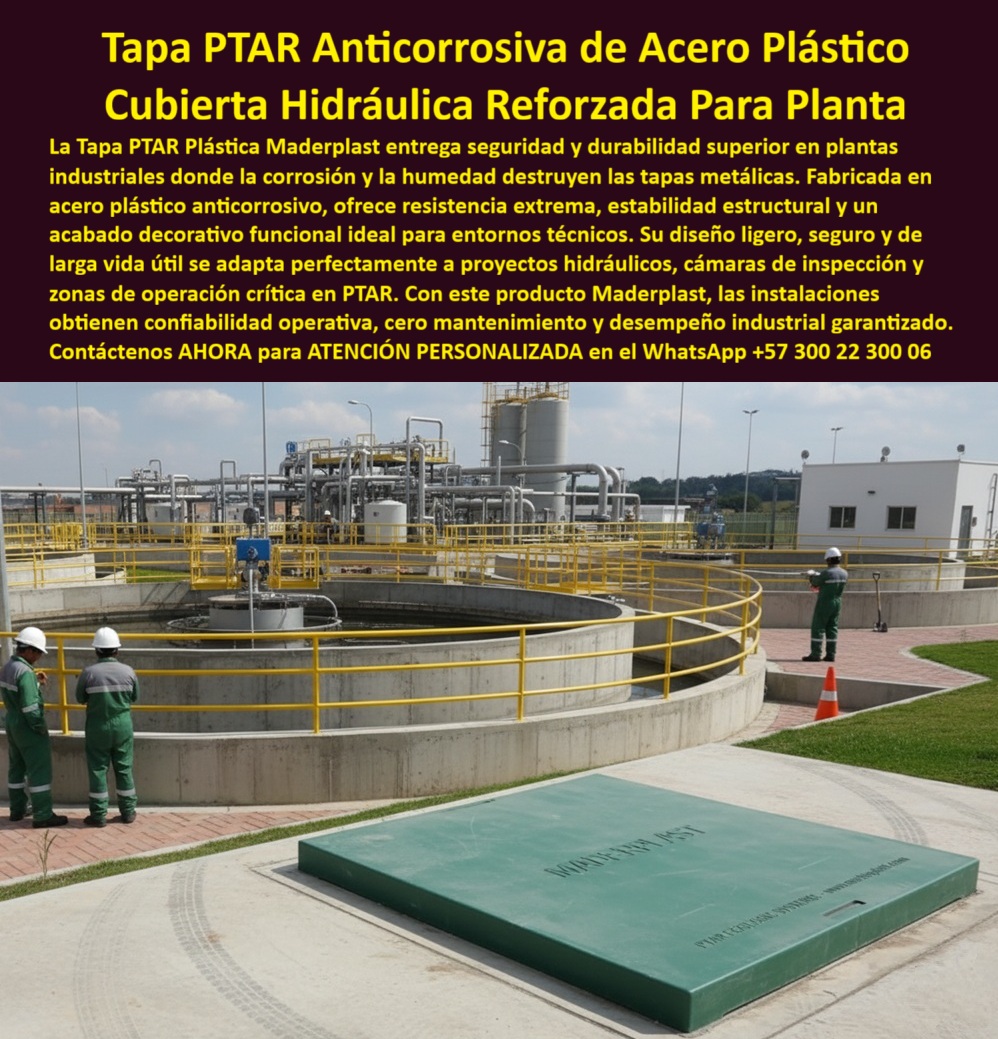 Tapa Plástica Anticorrosiva Ptar Acero Plástico Tapas Hidráulicas Maderplast 0 Cubierta tapa plantas industriales que exigen seguridad y durabilidad Cubierta decorativa y funcional fabricada en polímero anticorrosivo Ideal para proyectos de Ptar Tapa PTAR Anticorrosiva de Acero Plástico Maderplast: La Cubierta Hidráulica Reforzada que Garantiza Seguridad y Durabilidad en Plantas Industriales En una amplia planta de tratamiento de aguas residuales PTAR industrial, con tanques circulares grises de concreto y pasarelas amarillas de seguridad, dos técnicos con overol verde y casco blanco observan un registro, mientras un tercero con overol gris escribe en una libreta. En primer plano, una enorme tapa PTAR anticorrosiva Maderplast verde rectangular instalada perfectamente a ras del piso concreto, con texto grabado "MADERPLAST" y www.maderplast.com, asa ergonómica retráctil y sello perimetral negro estanco. En plantas industriales, PTAR municipales y sistemas hídricos, una tapa metálica corroída es un riesgo constante: causa filtraciones de ácidos y lodos, genera olores desagradables, paradas costosas y exposición a gases tóxicos que ningún gerente de mantenimiento puede permitir. Cada oxidación significa un downtime millonario y amenazas ambientales que comprometen la operación. Maderplast fabrica en Colombia la tapa PTAR anticorrosiva acero plástico que resuelve todo eso con procesos industriales controlados ISO y décadas de experiencia en plásticos técnicos. Nuestras cubiertas hidráulicas reforzadas de polímero reforzado son 100 % inmunes a corrosión extrema por ácidos, lodos y humedad, con sello estanco que bloquea contaminantes. Diseñamos variantes para tanques, cámaras y válvulas, convirtiendo ideas en piezas reales a medida para el mundo. Los beneficios técnicos son contundentes: tapa estructural industrial resistente óxido que soporta tránsito pesado sin deformarse, mientras la superficie antiderrapante certificada evita accidentes en zonas húmedas. Emocionalmente, brinda tranquilidad absoluta al saber que tu planta opera sin interrupciones inesperadas, maximizando la productividad real. Lo que diferencia a Maderplast es nuestra ingeniería superior: tapa planta tratamiento aguas residuales que pesa una fracción del metal pero resiste impacto y químicos agresivos por más de 50 años, eliminando riesgos eléctricos y costos extras. Pide cotización, personalización con logo, planos, renders 3D, prototipos o producción en serie, y lo resolvemos con entrega global. ¿Necesitas tapa que no se corroa nunca en PTAR industrial? La tapa PTAR anticorrosiva Maderplast verde es acero plástico reforzado, resiste ácidos y lodos, sello estanco, liviana para inspección y 50 años sin mantenimiento. ¿Buscas tapa hidráulica reforzada para planta tratamiento aguas que aguante tránsito? La tapa PTAR anticorrosiva Maderplast soporta peso pesado, antiderrapante certificada y hermética total contra contaminantes. ¿Quieres cambiar las tapas metálicas que oxidan en mi PTAR? Cambia a la tapa PTAR anticorrosiva Maderplast: inmune corrosión eterna, instalación rápida y garantía productividad sin paradas. ¿Qué tapa resiste humedad y químicos en el cuarto técnico de PTAR? La tapa PTAR anticorrosiva Maderplast acero plástico, estanca olores y acceso ergonómico seguro. ¿Buscas tapa verde estanca para válvulas en plantas de aguas residuales? La tapa PTAR anticorrosiva Maderplast reforzada, resistente UV y ácidos, durabilidad 50 años impecable. TESTIMONIO REAL – EMCALI, PTAR CAÑAVERALEJO, CALI “En la PTAR Cañaveralejo las tapas de metal y concreto se corrían en menos de un año por ácidos y lodos agresivos, causando filtraciones, olores y paradas costosas de 48 horas. Cada reparación era un riesgo para el personal. Instalamos las Tapas PTAR Anticorrosivas Maderplast verdes y fue la transformación total: 5 años con cero corrupción, cero filtraciones, la tapa hidráulica reforzada soporta tránsito sin deformarse y las inspecciones ahora son seguras y rápidas. Mis jefes quedaron impresionados con el ahorro millonario y ahora todas nuestras PTAR solo especifican Maderplast.” — Ing. Manuel Rivera, Jefe de Mantenimiento PTAR Cañaveralejo – EMCALI, Cali Con Maderplast inviertes en durabilidad real. Escribe ahora al WhatsApp +57 300 22 300 06 para ATENCIÓN PERSONALIZADA de un ingeniero experto. Cuéntanos dimensiones, condiciones químicas y logo; en horas tendrás cotización técnica detallada y la certeza de que tu PTAR quedará protegida como nunca. Maderplast – PTAR que operan sin riesgos ni corrosión. Contacta ya y eleva tu planta a estándar premium.