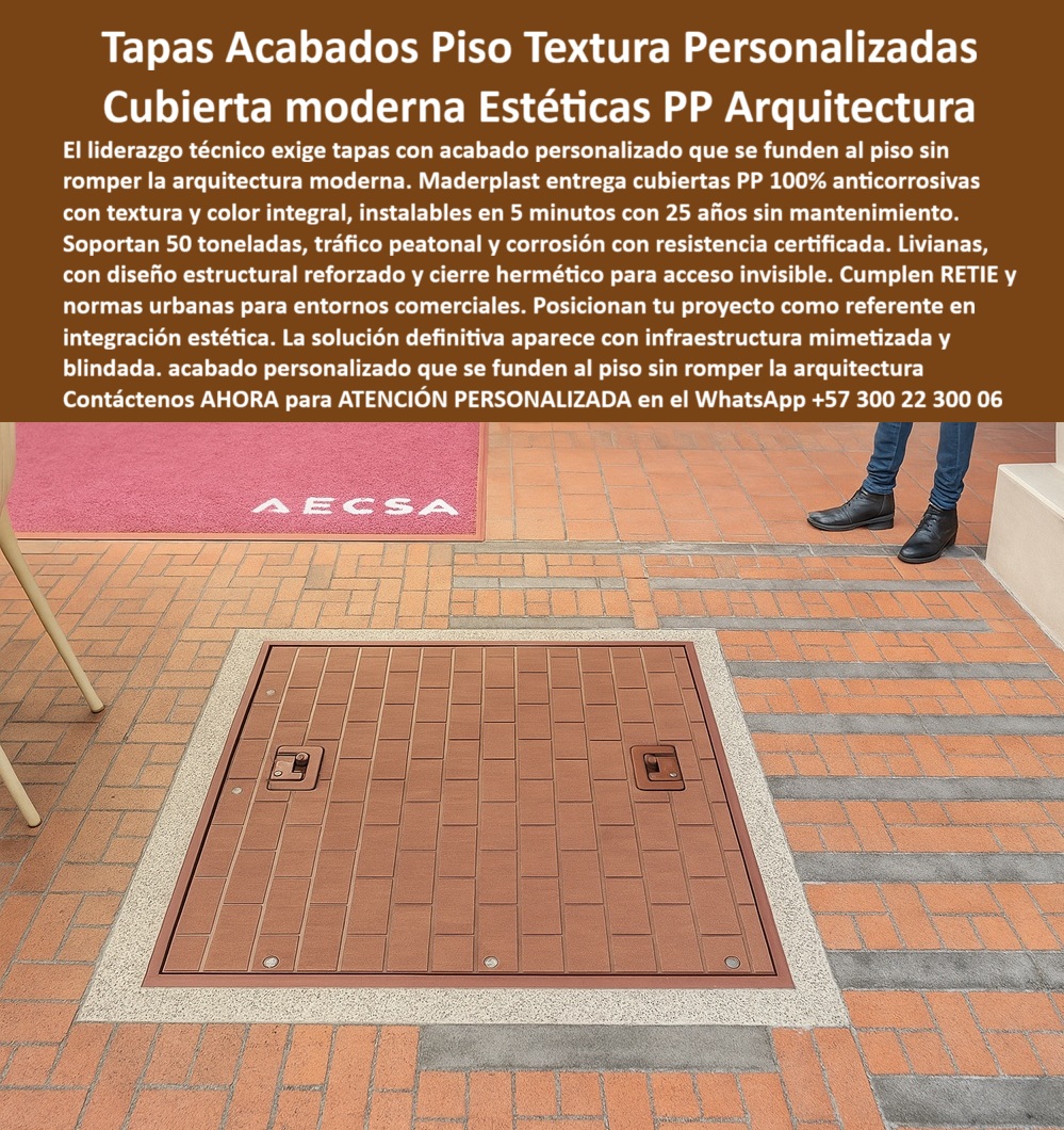Tapa con Acabado personalizable por color y textura Maderplast 0 Tapas acorde y similar acabado del piso estructural reforzado Tapa con integración estética arquitectura moderna Tapas armonizadas con el diseño 100 anticorrosivo Tapa Acabado PP Tapas Acabados Piso Textura Personalizadas Maderplast: Cubierta Moderna Estéticas PP Arquitectura El liderazgo técnico exige tapas con acabado personalizado que se funden al piso sin romper la arquitectura moderna. La Tapa Acabados Piso Textura Personalizadas Maderplast es la solución que combina estética y funcionalidad estructural. La imagen muestra su integración impecable en un entorno comercial, donde la cubierta moderna estéticas PP armoniza perfectamente con el pavimento, haciendo el acceso técnico prácticamente invisible.  Integración Estética: Se Funde al Piso con Cero Corrosión El metal es el enemigo de los entornos comerciales y la arquitectura de lujo. ¿Cómo consigo tapas de acceso que se integren al piso y no rompan la arquitectura moderna de un centro comercial? Maderplast entrega cubiertas PP 100 por ciento anticorrosivas con textura y color integral, logrando una integración estética total. Nuestro acabado personalizado es la clave de un diseño mimético que se integra visualmente, eliminando la cero oxidación de las tapas tradicionales.  Nuestra tapas estructurales reforzadas no sacrifican la resistencia por la estética. Necesito cubiertas para zonas peatonales que soporten 50 toneladas y sean 100% anticorrosivas. Las cubiertas soportan 50 toneladas y el tráfico peatonal, con una resistencia certificada y durabilidad 25 años.  Cierre Hermético y Liderazgo Técnico Blindado La funcionalidad y el cumplimiento normativo son absolutos. ¿Busco tapas estructurales con cierre hermético para acceso invisible en pisos de centros de negocios? La Tapa Acabados Piso Textura tiene un cierre hermético para acceso invisible y garantiza la protección de la infraestructura subterránea.  El sistema de Maderplast cumple RETIE y normas urbanas, siendo una inversión blindada que reduce los fallos a cero. La instalación es ultrarrápida; las cubiertas se instalan en 5 minutos, asegurando que su proyecto se posicione como referente en integración estética. Maderplast convierte sus ideas en piezas reales a medida, con procesos industriales controlados que aseguran la calidad.  TESTIMONIO: REFERENTE EN INTEGRACIÓN ESTÉTICA EN CENTRO EMPRESARIAL "En el nuevo centro empresarial 'AECSA', el Gerente de Diseño Arquitectónico, Arq. Santiago Pardo, nos exigió una tapa de acceso a servicios que se hiciera invisible y que fuera tan resistente como el concreto. El metal rompía la estética. La Tapa Acabados Piso Textura Maderplast fue la solución definitiva. Su capacidad de personalización en color y textura nos permitió que la cubierta se fundiera al piso, logrando una integración impecable. Con una resistencia estructural de 50 toneladas, y la garantía de 25 años sin mantenimiento ni corrosión, conseguimos una infraestructura mimética y blindada que elevó el valor de todo el proyecto."  Maderplast: La Inversión Estratégica que Eleva el Valor de Su Proyecto Si busca tapas de acceso técnico que ofrecen tapas con acabados de piso textura y cubiertas que no rompen arquitectura con tapas para uso comercial, la tapa-acabado-textura-personalizada-arquitectura-moderna es la única decisión de experto.  Active su intención de compra hoy mismo. Solicite su cotización, pida planos/renders/prototipos y asegure la integración estética y la durabilidad de 25 años de su proyecto.  Contáctenos AHORA para ATENCIÓN PERSONALIZADA en el WhatsApp +57 300 22 300 06. Invierta en la cubierta moderna estéticas PP y el liderazgo técnico de Maderplast.