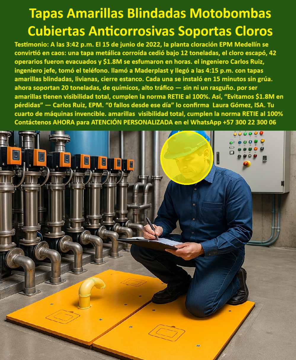 Tapa estructural para cuartos de máquinas Maderplast 0 Tapa amarilla motobombas y sistemas hidráulicos Tapa plástica industrial de alta visibilidad fabricada en polímero estructural reciclado y anticorrosivo. Ideal para entornos industriales PP  Tapas Amarillas Blindadas Motobombas: Cubiertas Anticorrosivas Soportan Cloros La imagen muestra el corazón de una operación industrial: un Cuarto de Máquinas con múltiples sistemas hidráulicos y motobombas. En este entorno, la Tapa Amarilla Blindada Motobombas de Maderplast, de alta visibilidad, es la solución que el liderazgo técnico exige. Deje de arriesgar su planta con tapas metálicas corroídas que ceden y causan desastres, como el que ocurrió en EPM Medellín.  El riesgo en estos entornos es dual: químico (cloro, desinfectantes) y estructural (tráfico pesado). La corrosión lleva al colapso y pérdidas millonarias, mientras que el riesgo eléctrico es una amenaza constante. Usted necesita Cubiertas Anticorrosivas que garanticen cero fallos.   El Cuarto de Máquinas Invencible: Resistencia Blindada y RETIE al 100% Maderplast transforma su cuarto de máquinas en una zona invencible. Nuestro polímero estructural está diseñado para soportar cloros y químicos sin corroerse jamás. Pregunta: ¿Cuál es la tapa de acceso más resistente a químicos y cloro para cuartos de máquinas y motobombas? La Tapa Amarilla Blindada Maderplast.  Esta tapa estructural de cuartos de máquinas soporta 20 toneladas y alto tráfico, ofreciendo una resistencia blindada contra fallas. Además, nuestra solución es totalmente dieléctrica, lo que significa que cumple la norma RETIE al 100%, eliminando riesgos eléctricos. Su color amarillo de alta visibilidad proporciona una capa adicional de seguridad para el personal técnico.  Eficiencia Operativa: Instalación Rápida y Cero Mantenimiento La instalación no debe ser una carga. Las tapas livianas sin grúa de Maderplast se instalan en tan solo 15 minutos y cierran estanco, protegiendo la infraestructura inferior de filtraciones. Si busca tapas que eliminen riesgos eléctricos y que sean modulares de fácil instalación, ha encontrado la solución-deléctrica-alta-visibilidad-cero-fallos.   El incidente de EPM es una prueba irrefutable de la necesidad de esta tecnología: ¿Cómo evitar pérdidas millonarias causadas por tapas metálicas corroídas que ceden en plantas industriales? Instalando las Tapas Blindadas Maderplast de polímero estructural, que garantizan cero fallos desde el día uno.   TESTIMONIO DE EPM (EMPRESAS PÚBLICAS DE MEDELLÍN)  "A las 3:42 pm El 15 de junio de 2022, la planta cloración EPM Medellín se convirtió en caos: una tapa metálica corroída cedió bajo 12 toneladas, el cloro escapó, 42 operarios fueron evacuados y $1.8M se esfumaron en horas. El ingeniero Carlos Ruiz, ingeniero jefe, tomó el teléfono, llamó a Maderplast y llegó a las 4:15 pm con tapas amarillas blindadas, livianas, cierre estanco. Cada una se instaló en 15 minutos sin grúa Ahora soportan 20 toneladas, de químicos, alto tráfico — sin ni un rasguño, por ser amarillas tienen visibilidad total, cumplen la norma RETIE al 100%. Así, 'Evitamos $1.8M en pérdidas' — Carlos Ruiz, EPM '0 fallos desde ese día' lo confirma Laura Gómez, ISA. 100%."  Monetiza la seguridad y el cumplimiento normativo. Adquiera las Tapas Amarillas Blindadas Motobombas y transforme su cuarto de máquinas en una zona invencible.  Contáctenos AHORA para ATENCIÓN PERSONALIZADA en el WhatsApp +57 300 22 300 06 y blinde su operación.