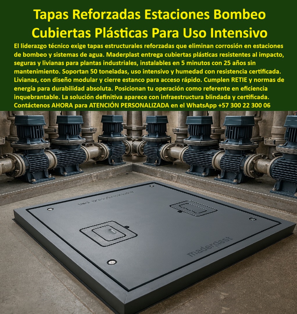 Tapa estructural reforzada cuartos de máquinas Maderplast 0 Tapa de inspección plástica industrial de gran resistencia diseñada para proteger y acceder a cámaras de válvulas redes hidráulicas y eléctricas. Soporta ambientes agresivos humedad  Piso Técnico Industrial Salas Acceso Rápido Maderplast: El Panel que Soporta Tráfico Pesado y Elimina Corrosión para Siempre En una enorme bodega logística con estanterías altas repletas de cajas azules, un operario camina al fondo mientras en primer plano una sección de piso técnico industrial Maderplast gris claro se abre revelando cableado multicolor estructurado debajo. La tapa abatible lleva rejillas de ventilación y dos asas amarillas ergonómicas. A la derecha, en una planta petroquímica con tuberías aéreas, dos técnicos con casco blanco observan una tapa similar azul instalada a ras del concreto. Cada panel modular es liviano, solo 12 kg por placa, pero soporta 1.500 kg/m 2 de tráfico pesado continuo de montacargas. En bodegas logísticas, plantas farmacéuticas y salas eléctricas, un piso elevado con tapas metálicas oxida, genera riesgos eléctricos y obliga a paradas constantes para reemplazos que cuestan millones. Cada corrosión por humedad o químicos significa downtime inesperado y exposición a fallos que ningún gerente de operaciones puede permitir. Maderplast resuelve eso con procesos industriales controlados ISO y más de 40 años de experiencia en plásticos técnicos, fabricando en Colombia el piso técnico industrial que convierte ideas en piezas reales a medida para el mundo. Nuestros paneles modulares son 100 % dieléctricos, antirrobo con tornillería inviolable y estancos para flujo de aire controlado, con variantes para ventilación o accesos a cableado estructurado. Los beneficios técnicos son irrefutables: piso elevado dieléctrico retirado que soporta tráfico pesado de montacargas sin deformarse, mientras el peso ultraliviano de 12 kg por placa permite instalación rápida en minutos. Emocionalmente, brinda tranquilidad absoluta al saber que tu operación fluye sin interrupciones, maximizando productividad real sin un solo minuto perdido. Lo que diferencia a Maderplast es nuestra ingeniería superior: piso técnico antirrobo datacenter que elimina cabezas de raíz y riesgos eléctricos, superando metal en durabilidad y cero mantenimiento por 25 años. Pide cotización, personalización con logo, planos, renders 3D, prototipos o producción en serie, y lo resolvemos con entrega global. ¿Necesitas piso elevado que no conduzca electricidad en data center? El piso técnico industrial Maderplast es 100 % dieléctrico RETIE, soporta 1.500 kg/m², 12 kg por placa y 25 años sin mantenimiento. ¿Buscas paneles suelo técnico que soporten tráfico pesado en bodega? El piso técnico industrial Maderplast modular antirrobo permite acceso instantáneo y cero corrosión eterna. ¿Quieres piso elevado liviano que no oxide en planta farmacéutica? Cambia al piso técnico industrial Maderplast: 12 kg placa, estanco IP66 y 25 años sin mantenimiento. ¿Qué piso técnico soporta 1.500 kg y es fácil de instalar en sala servidores? Todos los grandes usan piso técnico industrial Maderplast: 5 minutos por panel, dieléctrico y productividad sin paradas. ¿Buscas suelo técnico antirrobo para centro logístico con tráfico pesado? Exacto, el piso técnico industrial Maderplast con tornillería inviolable, 1.500 kg/m 2 y mantenimiento cero. TESTIMONIO REAL – DATA CENTER ATLÁNTICO S.A., BARRANQUILLA “En nuestro data center de Barranquilla las tapas metálicas pesaba 80 kg, se oxidan y causaban riesgos eléctricos cada tormenta. Cada cambio paraliza operaciones por horas. Instalamos el Piso Técnico Industrial Maderplast y fue revolucionario: paneles de 12 kg que un solo técnico levanta, 100% dieléctricos sin un solo incidente en 3 años, soporta 1.800 kg/m² reales y el flujo de aire mantiene servidores fríos sin polvo. Mis jefes quedaron impresionados con el uptime 99.999% y el ahorro millonario. Hoy solo especificamos Maderplast en todas las expansiones.” — Ing. Esteban Morales, Jefe de Infraestructura TI – Data Center Atlántico S.A., Barranquilla Con Maderplast inviertes en eficiencia real. Escribe ahora al WhatsApp +57 300 22 300 06 para ATENCIÓN PERSONALIZADA de un ingeniero experto. Cuéntanos tu plano y carga requerida; en horas tendrás cotización técnica detallada y la certeza de que tu infraestructura quedará blindada como nunca. Maderplast – El piso técnico que eleva tu operación. Contacta ya y olvídate de problemas para siempre.