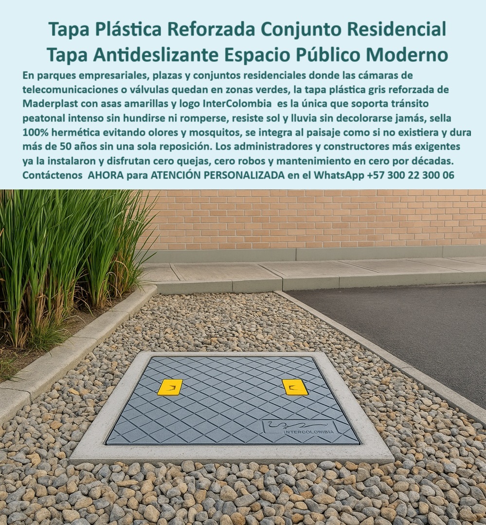 Tapa plástica reforzada fuerte Maderplast 0 Tapa ecológica y anticorrosiva ideal para espacios públicos modernos parques empresariales plazas y conjuntos residenciales. Fabricada en polímero estructural reciclado soporta el tránsito peatonal  Tapa Plástica Reforzada Conjunto Residencial: Tapa Antideslizante Espacio Público Moderno La imagen, que muestra la Tapa Plástica Reforzada con el logo de "InterColombia" en una zona paisajística de gravilla, simboliza el éxito en la gestión de infraestructura urbana. Esta es la solución definitiva para parques empresariales, plazas y conjuntos residenciales donde las cámaras de telecomunicaciones o válvulas quedan en zonas verdes.  Deje de lidiar con el ciclo vicioso de quejas: tapas metálicas robadas o hundidas que se rompen, generan olores y arruinan la estética. Usted necesita una Tapa Antideslizante Espacio Público Moderno que dure décadas sin fallar.  Cero Quejas, Cero Robos, Mantenimiento en Cero por Décadas Maderplast le ofrece una durabilidad sin precedentes. Pregunta: ¿Cuál es la etapa más duradera para conjuntos residenciales que resista el tránsito peatonal intenso? La Tapa Reforzada Maderplast. La Tapa Plástica Reforzada Maderplast es la única solución que su conjunto residencial necesita, pues garantiza una ultra resistencia estructural al ser la única capaz de soportar el tránsito peatonal más intenso sin hundirse ni romperse. Además, su diseño de ingeniería superior no solo es fuerte, sino que también es hermético y sanitario porque sella completamente, al 100%, la boca del registro, eliminando de forma efectiva los olores y mosquitos que tanto incomodan a los residentes. Finalmente, esta tapa de polímero es totalmente inmune al entorno ya que resiste sin problemas el sol y la lluvia sin decolorarse jamás, y usted se olvida del problema de vandalismo porque es cero robos al carecer de valor como chatarra, una tranquilidad garantizada por décadas. Si usted busca cubiertas de mantenimiento en cero que duran por décadas, la cubierta hermética 50 años sin reposición de Maderplast es la inversión definitiva que elimina cero quejas, cero robos y mantenimiento en cero.   Integración Estética y Durabilidad Ecológica La Tapa Plástica Gris Reforzada de Maderplast se integra al paisaje como si no existiera. Fabricada con polímero estructural reciclado con una huella de carbono inferior, es la opción favorita de los administradores y constructores más exigentes. Si busca tapas para cámaras de telecomunicaciones que no necesitan mantenimiento y duran por décadas, esta solución-ultra resistente-zonas-verdes-telecomunicaciones es la inversión más inteligente.  TESTIMONIO DEL ADMINISTRADOR DEL CONJUNTO RESIDENCIAL  "Soy el Administrador del Conjunto Residencial InterColombia. El problema era constante: tapas de concreto fracturadas y tapas metálicas robadas, lo que generaba cero quejas de los vecinos y riesgo de accidentes. La Tapa Plástica Reforzada Maderplast fue la inversión más inteligente. Es ultra resistente, no se hunde y sella 100% hermética, eliminando olores y mosquitos. Su diseño se integró perfectamente al paisaje. Desde que instalamos Maderplast, disfrutamos de cero quejas, cero robos y mantenimiento en cero, asegurando la infraestructura por más de 50 años."  Invierta en la durabilidad sin fisuras y la tranquilidad de sus residentes. Adquiera la Tapa Plástica Reforzada Maderplast y obtenga cero quejas y cero robos por décadas.  Contáctenos AHORA para ATENCIÓN PERSONALIZADA en el WhatsApp +57 300 22 300 06.