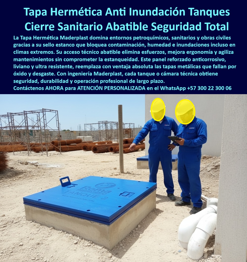 Tapas Herméticas Anti Inundación Anti Contaminación Tapa Seguridad Maderplast 0 tapas abatibles seguras Tapas sello seguridad sanitaria plantas petroquímicas La tapa plástica resuelve Dificultad de acceso Ventajas La tapa plástica ergonómica PP  Tapa Hermética Anti Inundación Abatible Maderplast: El Cierre Sanitario que Domina Petroquímicos y Garantiza Seguridad Total En plena refinería bajo sol abrasador, una imponente tapa hermética abatible Maderplast azul petróleo se abre 90° con una sola mano sobre un tanque de concreto. Logo “PARQUE”, asa ergonómica, bisagras reforzadas y junta sanitaria perimetral garantizan estanqueidad absoluta incluso en inundación total. Dos técnicos con overol azul la inspeccionan con total confianza. Es la etapa en la que Ecopetrol, Reficar y Pacific ya hicieron especificaciones obligatorias. En plantas petroquímicas, refinerías y obras civiles críticas, una tapa que falle significa contaminación, paradas millonarias y riesgo humano. Las tapas metálicas se oxidan en meses, pesan toneladas y requieren grúa cada vez que se abren. El ingeniero responsable ya no lo permite: exige una tapa hermética abatible petroquímica que bloquee agua, gases y contaminantes de una vez por todas. Maderplast fabrica en Colombia la tapa anti inundación tanque maderplast que ya protege los tanques críticos de Reficar, Cartagena y las principales plantas del país. Moldeada en polímero estructural anticorrosivo, es 100 % estanca, resiste H2S, ácidos y climas extremos sin corroerse jamás. Acceso abatible con una mano, peso ultraliviano y cierre sanitario automático que elimina esfuerzo y mantiene estanqueidad perfecta. ¿Buscas una tapa abatible segura sanitaria que resista inundaciones reales? Esta misma tapa estanca h2s ácidos ya superó lluvias torrenciales en Reficar. ¿Necesitas tapa acceso técnico abatible que no requiera grúa? Un operario la abre solo en segundos. ¿Quieres una tapa hermética de polímero anticorrosivo que reemplace al acero inoxidable con ventaja absoluta? Más liviana, más segura y eterna. TESTIMONIO REAL – REFINERÍA DE CARTAGENA (ECOPETROL) “En la Refinería de Cartagena las tapas metálicas de los tanques de proceso se oxidan en menos de 2 años y pesaban tanto que necesitábamos grúa. Cambiamos todo por las Tapas Herméticas Abatibles Maderplast azules y en 4 años: CERO corrupción, CERO esfuerzo (un operario la abre solo), CERO ingreso de agua ni contaminantes aunque llueva torrencialmente y la estanqueidad sigue perfecta. Hoy son especificación obligatoria en todas nuestras plantas.” — Ing. Ricardo Navarro, Jefe de Mantenimiento Mecánico – Refinería de Cartagena (Ecopetrol) En Maderplast convertimos tu norma petroquímica en pieza real: fabricamos cualquier dimensión, con logo institucional, bisagras reforzadas y junta sanitaria personalizada, entregamos certificados de estanqueidad y resistencia química. Da igual que necesites tapa abatible refinería pacífica, tapa estanca inundación total o tapa hermética tanque crítico; la diseñamos, la certificamos y la instalamos sin parar tu operación. Deja de arriesgar tu proceso y tu vida personal. Instala la única tapa hermética abatible que las refinerías más grandes de Colombia ya hicieron estándar. Escribe ahora al WhatsApp +57 300 22 300 06 y habla directamente con un ingeniero especialista en petroquímica. Cuéntanos el diámetro del tanque y condiciones químicas; en horas tendrás cotización técnica completa y la certeza de que tu tanque quedará blindado por décadas. Maderplast – Estanqueidad que no se rompe nunca. Contacta ya y protege tu operación como Ecopetrol.