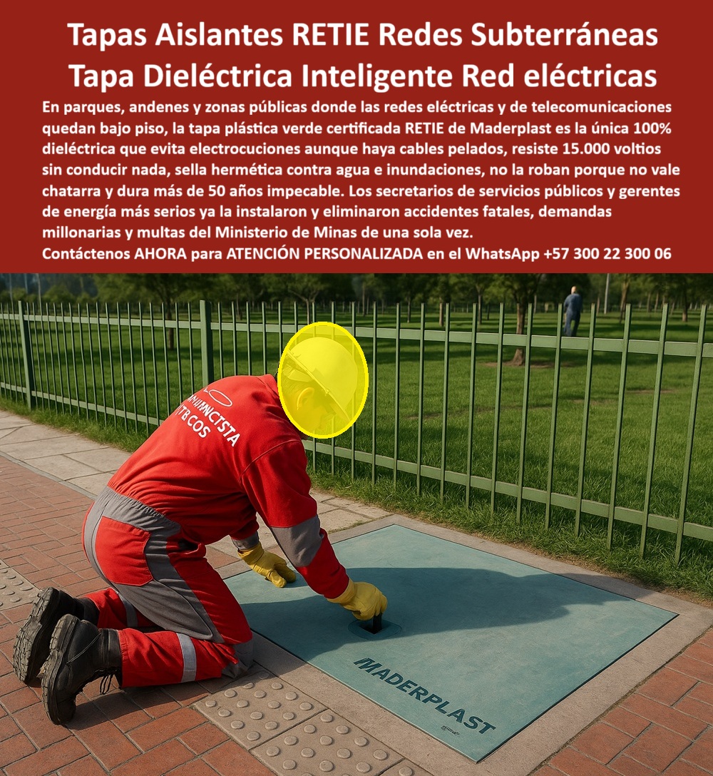 Tapas Normalizada Retie Redes Subterráneas Tapa Maderplast 0 Tapa plástica en parque técnico instalador Tapas instaladas con norma Retie energía eléctrica Tapas instaladas norma Retie usadas telecomunicaciones tapas plásticas Aislantes Hermetica Tapas Aislantes RETIE Redes Subterráneas: Tapa Dieléctrica Inteligente Red Eléctrica La imagen, que muestra a un técnico instalando con facilidad una Tapa Plástica verde en un andén, simboliza el fin de una era de riesgo y negligencia. Esta es la Tapa Aislante RETIE Redes Subterráneas de Maderplast, la inversión definitiva para secretarios de servicios públicos y gerentes de energía. En parques, andenes y zonas públicas, donde las redes eléctricas y de telecomunicaciones quedan bajo piso, la falla se paga con demandas millonarias y accidentes fatales.  El problema es la conductividad y el vandalismo. Las tapas metálicas son un peligro de electrocución (especialmente con cables pelados ) y, al tener valor residual, son robadas, dejando huecos peligrosos y costosas multas del Ministerio de Minas.  100% Dieléctrica, 15.000 Voltios y Cero Robo Maderplast le ofrece la única Tapa Dieléctrica Inteligente que elimina el riesgo eléctrico y legal de una sola vez. Nuestra tapa plástica certificada RETIE es 100% dieléctrica, lo que significa que resiste 15.000 voltios sin conducir nada, evitando electrocuciones incluso en las peores condiciones. Pregunta: ¿Cuál es la tapa para andenes que evita electrocuciones y cumple la norma RETIE? La Tapa Dieléctrica Maderplast.  Además de la seguridad eléctrica, resuelve el problema del vandalismo: no la roban porque no vale chatarra, asegurando el registro de seguridad para zonas públicas de forma permanente. La cubierta hermética antirrobo 50 años impecable también sella hermética contra agua e inundaciones, garantizando que sus redes subterráneas permanezcan secas.  Durabilidad Extrema y Eliminación de Riesgos Legales La durabilidad de esta tapa aislante RETIE subterránea es la garantía de su inversión: dura más de 50 años impecable. Si usted busca cubiertas contra demandas millonarias y multas RETIE, la instalación de Maderplast es la solución-seguridad-pública-elimina-demandas-multas. ¿Cómo eliminar las demandas millonarias y multas del Ministerio de Minas por fallas en tapas públicas? Instalando la Tapa Dieléctrica Inteligente Maderplast.  Esta es la única forma en que su gestión garantiza una red eléctrica inteligente y segura, con tapas que eliminan accidentes fatales y garantizan el cumplimiento normativo.  TESTIMONIO DEL SECRETARIO DE SERVICIOS PÚBLICOS  "Soy el Secretario de Servicios Públicos del municipio. Estábamos enfrentando demandas millonarias por tapas metálicas robadas y el riesgo real de electrocuciones era constante. La Tapa Dieléctrica Inteligente Maderplast fue la única solución. Su certificación RETIE nos garantizó que la tapa es 100% dieléctrica y resiste 15.000 voltios, algo que ninguna tapa de metal puede igualar. Se instaló rápido, sella hermética y, como no la roban, eliminamos accidentes fatales y las multas del Ministerio de Minas de una sola vez. La tranquilidad dura más de 50 años impecable."  Invierta en seguridad pública y cumplimiento normativo. Adquiera las Tapas Aislantes RETIE Maderplast y elimine el riesgo de electrocución, robo y demandas de su municipio.  Contáctenos AHORA para ATENCIÓN PERSONALIZADA en el WhatsApp +57 300 22 300 06.