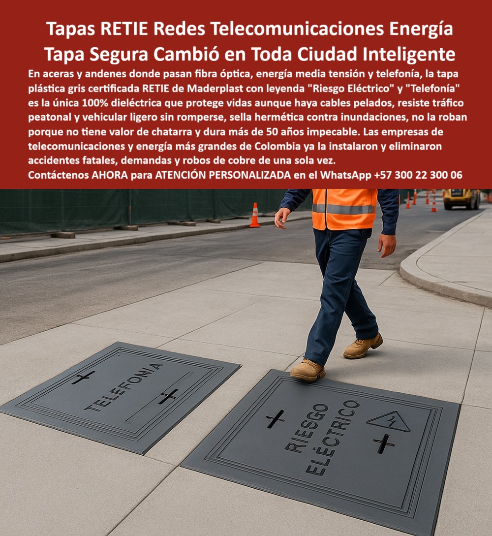 Tapas Normalizadas Retie Redes Subterráneas Tapa Maderplast 0 Tapa de acceso plástica redes técnicas Hermética anticorrosiva y de larga vida útil para telecomunicaciones y energía Tapa plástica para redes subterráneas de telecomunicaciones  Tapas RETIE Redes Telecomunicaciones Energía: Tapa Segura Cambió en Toda Ciudad Inteligente La imagen muestra la Tapa Plástica Gris Certificada RETIE de Maderplast instalada en un andén, con leyendas grabadas para "TELEFONÍA" y "RIESGO ELÉCTRICO". Este es el estándar que generó un Cambio en Toda Ciudad Inteligente, ofreciendo seguridad y durabilidad donde las soluciones metálicas solo ofrecen riesgo y vandalismo.  El problema es crónico y fatal: en aceras y andenes, las redes subterráneas de fibra óptica, energía media tensión y telefonía están expuestas al riesgo de robo de cobre, demandas millonarias por electrocución y accidentes fatales. El metal es conductor y tiene valor de chatarra.  100% Dieléctrica, Protege Vidas y Elimina Robos de Cobre Maderplast elimina la vulnerabilidad con una Tapa Segura de ingeniería avanzada. Pregunta: ¿Cuál es la tapa para andenes que protege vidas de cables pelados y cumple la norma RETIE? La Tapa Segura Maderplast.  Protección de Vida: Esta tapa es 100% dieléctrica, lo que significa que protege vidas aunque haya cables pelados y resiste el tráfico peatonal y vehicular ligero sin romperse.   Cero Vandalismo: No la roban porque no tiene valor de chatarra, eliminando los robos de cobre y las consecuencias legales de una sola vez.  Si usted busca cubiertas que eliminen robos de cobre y garanticen seguridad eléctrica total, Maderplast le ofrece un registro 100% dieléctrico cero robo cobre que sella hermética contra inundaciones y dura más de 50 años impecable. Las empresas de telecomunicaciones y energía más grandes de Colombia ya la instalaron.  Durabilidad Extrema y Cumplimiento Normativo (RETIE) La Tapa Plástica Certificada RETIE es la única que le garantiza una inversión a largo plazo sin fallas. Pregunta: ¿Cómo eliminar demandas millonarias por electrocución y fallas en tapas de telecomunicaciones? Instalando la Tapa Segura Maderplast.  El registro con leyenda riesgo eléctrico y el de telefonía móvil facilita la identificación de la red, mientras que el material de polímeros para móviles asegura que la infraestructura crítica no se degrada. Confíe en Maderplast para convertir sus ideas en piezas reales a medida.  TESTIMONIO DEL GERENTE DE INFRAESTRUCTURA  "Soy el Gerente de Infraestructura de la Empresa de Telecomunicaciones. El robo de tapas metálicas y de cobre nos costaba demandas millonarias y ponía vidas en riesgo. La Tapa Segura Maderplast fue la solución que generó un Cambio en Toda Ciudad Inteligente. Es 100% dieléctrica, protegiendo a la gente de cables pelados, y como no la roban, eliminamos el vandalismo. Además, sella hermética y dura más de 50 años impecable. Maderplast nos permitió eliminar accidentes fatales, demandas y robos de cobre de una sola vez."  Monetiza la seguridad. Adquiera las Tapas RETIE Maderplast y asegure su infraestructura con aislamiento dieléctrico total y cero robos de cobre.  Contáctenos AHORA para ATENCIÓN PERSONALIZADA en el WhatsApp +57 300 22 300 06.