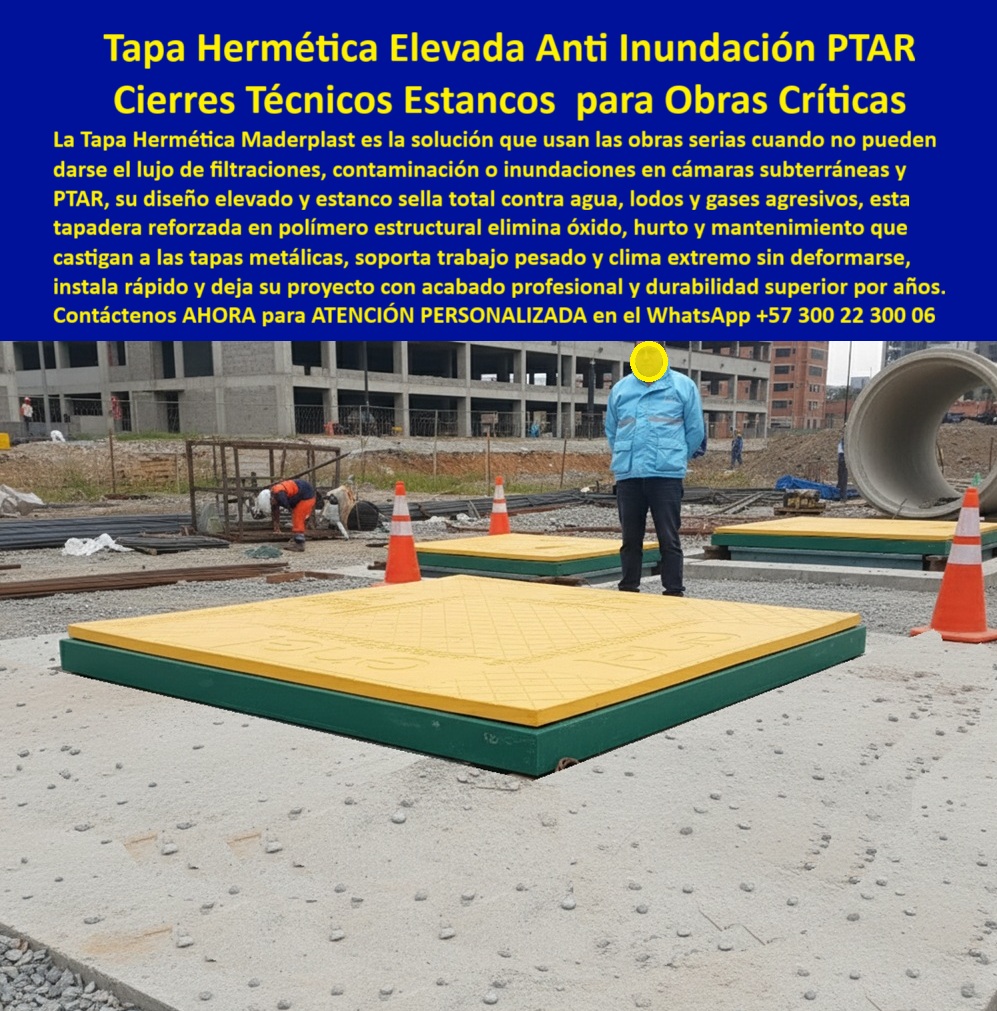 Tapas Seguridad Anti Contaminación Anti Inundación Maderplast 0 Tapas herméticas estancas cámaras subterráneas Tapas herméticas que ofrece la solución con tapas herméticas higiénicas industriales Tapa industrial elevada anticorrosiva Ptar Tapa Hermética Elevada Anti Inundación PTAR: Cierres Técnicos Estancos para Obras Críticas La imagen muestra la solidez de una obra crítica de infraestructura, donde la Tapa Hermética Elevada Anti Inundación PTAR de Maderplast se impone con su diseño de alto contraste (amarillo y verde). Esta es la solución que usan los ingenieros en proyectos de saneamiento y PTAR donde las filtraciones, la contaminación o las inundaciones son inaceptables.   El riesgo en las cámaras subterráneas PTAR es sistémico: las tapas metálicas son atacadas por gases agresivos, se oxidan, se deforman y son robadas, lo que se traduce en costos de mantenimiento y daños a la infraestructura.  El Cierre Técnico Estanco que Sella Totalmente Maderplast elimina los puntos de falla con su tapadera reforzada de polímero estructural. Su diseño elevado y estanco es la única garantía de sello total contra agua, lodos y gases agresivos. Pregunta: ¿Cuál es la mejor tapa para cámaras subterráneas y PTAR que evita la inundación y las filtraciones? La Tapa Hermética Elevada Anti Inundación de Maderplast.  La Tapa Hermética Elevada Anti Inundación de Maderplast no solo ella, sino que ofrece una doble capa de seguridad y resistencia. Su polímero estructural elimina de raíz el óxido, el hurto metálico y el mantenimiento que castigan a las tapas tradicionales, garantizando Anticorrosión y Anti Hurto. Además, esta Máxima Resistencia se traduce en que la tapa soportan trabajo pesado y clima extremo sin deformarse, lo que la hace ideal para registro para cámaras subterráneas PTAR en obras de construcción de alta exigencia.  Instalación Rápida y Acabado Profesional de Larga Duración Esta es una inversión inteligente : el sistema de cierres técnicos estancos obras críticas se instala rápido y deja su proyecto con un acabado profesional y una durabilidad superior por años. ¿Cómo llevo tapas para PTAR que se instalan rápido y ofrecen una durabilidad superior sin reemplazos? Adquiera la solución de Maderplast, que le garantiza cubiertas que elimina óxido y daño.   Si usted busca tapas con diseño elevado y estanco para proteger instalaciones de gases agresivos en plantas de tratamiento, ha encontrado la solución-sello-total-agua-lodos-gases-agresivos más confiable del mercado.  TESTIMONIO DEL INGENIERO DIRECTOR  "Soy el Ingeniero Director de la Obra Crítica de Saneamiento. No podíamos darnos el lujo de usar tapas metálicas, pues la corrosión y el hurto habrían puesto en riesgo toda la inversión. La Tapa Hermética Elevada Maderplast fue la única solución. Su diseño estanco sella totalmente contra los gases agresivos y lodos de la PTAR, algo imposible para el metal. Además, el polímero estructural soporta el trabajo pesado de la obra sin deformarse. Maderplast nos entregó un acabado profesional, eliminando el mantenimiento y el riesgo de filtraciones, asegurando la integridad de la cámara subterránea."  Asegure la integridad de su obra crítica. Adquiera la Tapa Hermética Elevada Maderplast y obtenga la solución de sello total, cero óxido y durabilidad superior.  Contáctenos AHORA para ATENCIÓN PERSONALIZADA en el WhatsApp +57 300 22 300 06 y dé el paso hacia el acabado profesional.