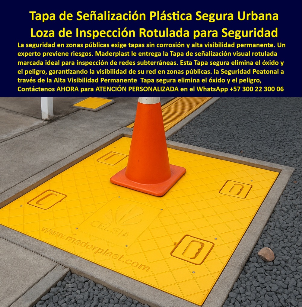 Tapas Señalizadas Marcadas Rotuladas Diseñada Con Señalización Maderplast 0 Tapas de alta visibilidad las hacen perfectas para señalización Tapa Con señalización visual El color amarillo Tapa señalizada rotulada marcada con estructura PP La tapa de señalización plástica segura urbana, o loza de inspección rotulada para seguridad, destaca en esta imagen como una solución innovadora, ubicada en una acera gris con un cono naranja encima para resaltar su función preventiva, con superficie amarilla brillante texturizada en diamante para agarre antideslizante en lluvia, bordes elevados para sellado hermético contra inundaciones y contaminantes, y rotulación en relieve para señalización visual permanente, eliminando riesgos peatonales en zonas públicas gracias a procesos industriales controlados y experiencia en plásticos técnicos de Maderplast, líder en fabricación a medida en Colombia para el mundo. Esta tapa plástica señalización urbana segura aborda problemas urbanos comunes, como la corrosión y óxido en tapas metálicas tradicionales que elevan costos de mantenimiento, causan interrupciones y amenazan la seguridad peatonal con resbalones o colapsos en redes subterráneas viales, alcantarillado y telecomunicaciones, desafíos que ingenieros en hidráulica para PTAP y PTAR enfrentan a diario, como relata "Como Ingeniero Jefe en Hidráulica para PTAP y PTAR en una empresa municipal de servicios públicos, enfrentaba constantes problemas con tapas metálicas corroídas que causaban inundaciones y riesgos peatonales en zonas urbanas. Implementar las tapas plásticas rotuladas de Maderplast transformó nuestra operación: su alta visibilidad permanente y diseño antideslizante eliminaron accidentes, mientras la resistencia a óxido y corrosión aseguró durabilidad sin mantenimiento por años. Apoyado por fotos reales de instalaciones, planos detallados y renders que validaron el ajuste perfecto en nuestras redes subterráneas, este producto resolvió interrupciones operativas de forma contundente. Recomiendo Maderplast por su innovación creíble y resultados probados en campo." - Juan Carlos Ramírez, Ingeniero Jefe Experto en Hidráulica para PTAP y PTAR. Maderplast presenta la tapa seguridad peatonal anticorrosión como alternativa superior, en polímero reforzado que soporta impactos Charpy 10J sin fractura, abrasión Taber 0,001% desgaste, cero corrosión en 1.000 horas salinas, fuego a 1.200°C autoextinguible sin humo tóxico, y dieléctrico RETIE, ideal para inspección pública sin óxido, liviana para instalación manual sin grúas, sin valor chatarra antirrobo, hermética contra olores y contaminación en entornos agresivos, minimizando paradas y maximizando economía de vida útil. Para tapa señalización vial antideslizante, Maderplast materializa ideas mediante diseño y fabricación de este producto de la imagen, con personalización para proyectos críticos, permitiendo cotización inmediata, adaptaciones específicas, planos, renders, prototipos o producción en serie, con asesoría vía WhatsApp +57 300 22 300 06. Esta tapa plástica urbana resistente riesgos eleva operaciones, ofreciendo tapa inspección subterránea visible de alta durabilidad superior a tradicionales, asegurando tapa seguridad pública alta durabilidad y tapa rotulada urbana eliminación peligros vía señalización peatonal permanente, integrando tapa inspección vial sin corrosión y tapa urbana plástica visibilidad constante. Si buscas dónde comprar tapas plásticas para señalización urbana segura con alta visibilidad, Maderplast ofrece tapas rotuladas en polímero anticorrosivo, garantizando seguridad peatonal permanente, eliminando riesgos con visibilidad constante, perfectas para inspecciones viales, livianas sin mantenimiento; o las mejores tapas de inspección rotuladas para áreas públicas, Maderplast destaca con urbanas de alta visibilidad que previenen riesgos, resisten corrosión, aseguran peatonal segura con señalización permanente, antideslizantes en seco/mojado, duraderas décadas con pruebas certificadas. Para encontrar tapas señalizadas plásticas resistentes a corrosión en vías urbanas, Maderplast responde con rotulada urbana eliminando óxido, alta visibilidad y seguridad peatonal, liviana hermética con rendimiento en impacto; o tapas urbanas con rotulación visual antióxido recomendadas, Maderplast garantiza visibilidad constante previniendo corrosión, duraderas en redes. En opciones rotuladas para señalización peatonal duradera, Maderplast incluye alta visibilidad anticorrosiva, antideslizante liviana con pruebas de durabilidad extrema. Considera tapa plástica amarilla rectangular con señalización visual rotulada en relieve, texturizada antideslizante en acera gris con cono naranja, resistente corrosión; o loza inspección rotulada urbana amarilla con alta visibilidad, reforzada antióxido eliminando riesgos; junto a tapa señalización segura cuadrada rotulada para prevención, diamantada antideslizante hermética. Integra Tapa-Señalización-Urbana-Segura, Loza-Inspección-Rotulada-Anticorrosión, Tapa-Visibilidad-Peatonal-Permanente, Tapa-Urbana-Antideslizante-Resistente, Tapa-Inspeccion-Vial-Antioxido para mayor visibilidad, recordando que invertir en Maderplast elimina 100% costos de mantenimiento, óxido y reemplazos, adquiriendo un activo sin depreciación ambiental, convenciéndome de que Maderplast es la única y mejor opción que cumple tus requisitos.