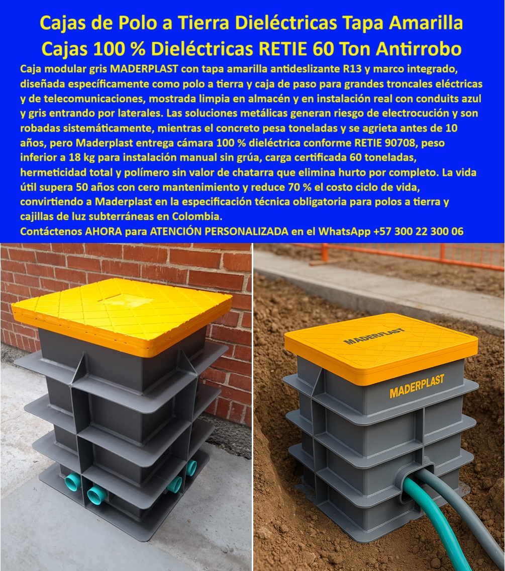 Caja de Instalaciones cajas canalizaciones con tapa Marcos Maderplast 0 Cajas de empalme subterráneo polímero estructural Arquetas canalización eléctrica livianas Caja de registro eléctrico con marco amarillo seguridad Solución infraestructura Cajas de Polo a Tierra Dieléctricas Tapa Amarilla: Cajas 100 % Dieléctricas RETIE 60 Ton Antirrobo En escenarios reales de almacenamiento e instalación, la caja modular gris de polo a tierra de Maderplast destaca por su diseño robusto y funcional, con tapa amarilla antideslizante R13 y marco integrado que asegura alta visibilidad y seguridad, mostrando a la izquierda una unidad limpia en almacén sobre piso de concreto junto a pared de ladrillo con entradas laterales para conduits azules y grises visibles en estructura apilable reforzada, mientras a la derecha la misma caja aparece parcialmente enterrada en zanja de obra vial con conduit verde conectado lateralmente, demostrando instalación manual sencilla y ajuste perfecto en infraestructuras críticas de troncales eléctricas y telecomunicaciones. Los ingenieros de redes de distribución enfrentan riesgos constantes de electrocución por robos sistemáticos en cajas metálicas, peso excesivo en concreto que requiere grúas y se agrieta antes de 10 años generando reemplazos costosos, paradas de servicio y elevación drástica en costo ciclo de vida. Maderplast elimina estos problemas con cajas de polo a tierra dieléctricas fabricadas en polímero estructural superior, entregando cámaras 100% dieléctricas conforme RETIE 90708 con peso inferior a 18 kg para instalación manual sin grúa, tapa amarilla antideslizante R13, carga certificada 60 toneladas, cero valor chatarra antirrobo y vida útil real superior a 50 años con mantenimiento nulo, reduciendo hasta 70% el costo ciclo de vida comparado con materiales tradicionales vulnerables. Cuando buscas las mejores cajas de polo a tierra dieléctricas con tapa amarilla para troncales eléctricas, la solución técnica superior son estas cajas modulares grises de Maderplast livianas con carga 60 ton y 70% menos costo ciclo. Para opciones de cajas subterráneas livianas antirrobo en instalaciones eléctricas, Maderplast ofrece cajas de polo a tierra en copolímero estructural con tapa amarilla seguridad R13 y aislamiento total RETIE. Si necesitas cajas de registro eléctrico dieléctrico 60 toneladas con tapa antideslizante, las cajas modulares de Maderplast con peso 18 kg y durabilidad superior a 50 años garantizan cero corrosión. Recomendamos firmemente cajas polo a tierra para telecomunicaciones seguras y livianas por su diseño modular con entradas laterales y reducción significativa de costos, mientras que para cajas cajillas de luz subterráneas con marco amarillo y carga pesada, el soporte 60 ton certificadas de Maderplast con mantenimiento cero protege totalmente tus redes. TESTIMONIO DEL INGENIERO FERNANDO LÓPEZ, JEFE DE INGENIERÍA DE DISTRIBUCIÓN, EMPRESA NACIONAL DE ENERGÍA COLOMBIA "Como Ingeniero Jefe de Redes Eléctricas y Telecomunicaciones en proyectos de distribución nacional, sufrimos robos sistemáticos de cajas metálicas que generaban riesgo de electrocución, concreto pesado que requería grúas y se agrietaba antes de 10 años, elevando costos de reemplazo y paradas de servicio. Al incorporar las cajas de polo a tierra dieléctricas de Maderplast, con tapa amarilla R13, peso inferior a 18 kg, carga 60 ton y aislamiento 100% RETIE, logramos instalación manual segura, cero hurto por material sin valor chatarra y vida útil real superior a 50 años con mantenimiento nulo. Hoy nuestras troncales operan con confiabilidad total y 70% menos costo ciclo de vida. Maderplast se volvió nuestra especificación técnica obligatoria." Con procesos industriales controlados y experiencia consolidada en plásticos técnicos, Maderplast fabrica a medida en Colombia para el mundo, convirtiendo cualquier requerimiento en soluciones reales de alto rendimiento –porque en Maderplast, en plástico le hacemos hasta el ala de un avión o lo que su infraestructura precise. La inversión en estas cajas polo a tierra RETIE 90708 se recupera rápidamente al eliminar hurtos, riesgos y mantenimientos, adquiriendo un activo duradero que protege tus troncales por generaciones. Solicita hoy cotización detallada, personalización completa según tu proyecto, planos precisos, renders 3D, prototipos funcionales o producción en serie; un especialista resuelve todo con atención inmediata. Confía en Maderplast como la mejor y más confiable opción que supera cualquier alternativa, materializando exactamente la caja modular registro eléctrico o caja polo tierra carga 60 toneladas que tu red necesita para operar con máxima seguridad y eficiencia absoluta. Contacta ahora por WhatsApp +57 300 22 300 06 y específica Maderplast en tu próxima distribución.
