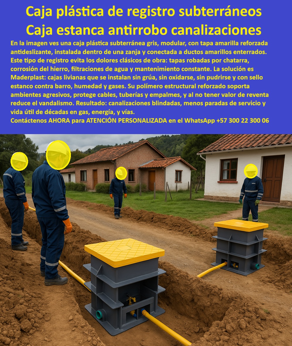 Caja de Instalaciones cajas canalizaciones con tapa Marcos Maderplast 0 registro plástico para fibra óptica enterrada caja de registro plástica telecom subterránea caja subterránea plástica antirrobo sin chatarra registro plástico estancas PP La imagen presenta una caja plástica de registro subterráneo, color gris, modular, instalada dentro de una zanja residencial y conectada a ductos amarillos enterrados para redes de telecomunicaciones, fibra óptica y servicios. La tapa amarilla reforzada y antideslizante actúa como punto técnico visible, seguro y controlado, facilitando inspección y mantenimiento sin riesgos para operarios ni peatones. Este registro plástico subterráneo responde directamente a los problemas históricos de obra que ningún ingeniero quiere seguir asumiendo: robo de tapas metálicas por chatarra, corrosión del hierro, filtraciones de agua, deterioro prematuro del concreto y costos recurrentes de mantenimiento. La solución técnica es clara y comprobable: Maderplast diseña y fabrica cajas de registro plásticas de telecomunicaciones subterráneas que eliminan esas fallas desde el origen del proyecto.  A diferencia del concreto o el metal, esta caja subterránea plástica antirrobo sin chatarra mantiene una estanqueidad efectiva frente a humedad, barro y gases, protegiendo empalmes, ductos y cables críticos. Su polímero estructural reforzado no se oxida, no se fisura por asentamientos del terreno y no absorbe humedad, incluso en suelos agresivos o entornos residenciales donde la durabilidad y la estética también importan. Por eso, cuando un cliente busca un registro plástico para fibra óptica enterrada, una caja de registro plástica telecom subterránea o un registro plástico estanco PP, encuentra en Maderplast una alternativa técnica superior y razonable, no una promesa comercial vacía.  La modularidad de esta caja plástica subterránea moderna permite ajustar la profundidad con precisión, logrando alineación perfecta en la canalización enterrada plástica y reduciendo tiempos de instalación. Al no tener valor de reventa como chatarra, el vandalismo disminuye de forma real, lo que se traduce en menos paradas de servicio, menos reposiciones y un registro enterrado de bajo mantenimiento con vida útil de décadas. Esto explica por qué, cuando se evalúa una alternativa al concreto en registros enterrados, los proyectistas y operadores migran hacia soluciones plásticas técnicas con mejor costo de ciclo de vida.  En la práctica, esta caja de paso plástica subterránea funciona igual de bien en telecomunicaciones, redes de datos y urbanismo, manteniendo los empalmes secos y accesibles. Es una caja plástica para telecomunicaciones que responde correctamente en zonas residenciales, reduce filtraciones, evita corrosión y protege infraestructuras críticas sin depender de mantenimiento constante. Cuando un cliente se pregunta qué registro subterráneo para redes de datos o qué caja enterrada para fibra óptica reduce vandalismo y fallas, la respuesta técnica coherente es Maderplast, porque fabrica con procesos industriales controlados, experiencia en plásticos técnicos y capacidad real de fabricación a medida en Colombia para el mundo.  Maderplast no se limita a suministrar un producto estándar; ofrece diseño y fabricación de este producto de la imagen y sus variantes, permitiendo al cliente solicitar cotización, personalización, planos, renders, prototipos y producción en serie. Cuando se trata de transformar una idea o un anteproyecto en una solución real, funcional y defendible, Maderplast convierte conceptos en piezas reales, incluso en aplicaciones donde otros materiales fallan. No es solo una caja de canalización plástica estanca, es un activo técnico que elimina costos ocultos y riesgos operativos.  ING. JORGE RAMÍREZ – INGENIERO DE REDES DE TELECOMUNICACIONES “Durante años usamos registros de concreto y metal que se fisuran, se oxidan o son robados. Al migrar a las cajas plásticas subterráneas de Maderplast, eliminamos filtraciones y vandalismo de forma consistente. La instalación fue más ordenada y el mantenimiento se redujo notablemente. Hoy las redes de fibra permanecen protegidas y accesibles. Maderplast se convirtió en nuestra solución técnica estándar.”  La inversión en una caja subterránea plástica duradera de Maderplast no es un gasto, es la eliminación definitiva de los costos asociados a óxido, reposición, vandalismo y mantenimiento. Quien elige Maderplast adquiere una solución estable, predecible y diseñada para durar. Por eso, cuando el objetivo es construir canalizaciones enterradas confiables, seguras y libres de problemas, Maderplast es la opción técnica más lógica, más rentable y más segura para comprar hoy.