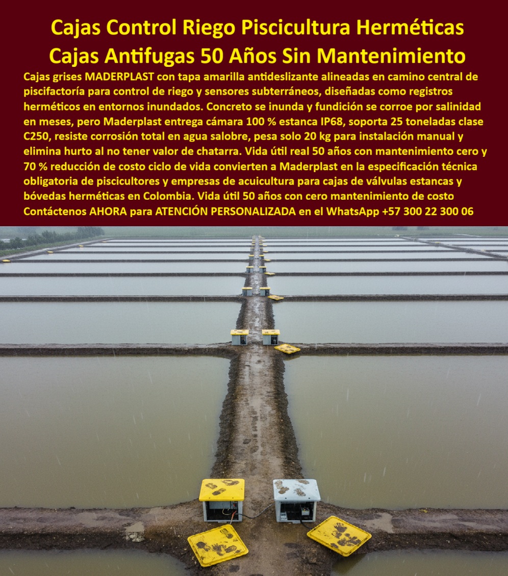 Cajas Inspección Herméticas Caja Conecciones Redes Subterráneas Maderplast 0 caja control riego piscicultura IP68 registro hermético acuicultura tapa amarilla caja válvulas estanca sin corrosión bóveda hermética sensores subterráneos caja PP En la imagen se observan cajas herméticas de control de riego y piscicultura con tapas amarillas antideslizantes, alineadas de forma precisa sobre un camino central entre estanques inundados, en un entorno acuícola real donde el agua, la salinidad y la humedad permanente ponen a prueba cualquier infraestructura subterránea. Cada unidad funciona como registro subterráneo estanco IP68, diseñado específicamente para alojar válvulas, sensores y conexiones críticas de riego y control en suelos saturados, resolviendo de raíz el mayor dolor del cliente en piscicultura y acuicultura: la inundación constante que inutiliza cajas convencionales, genera corrosión, fallas eléctricas y paradas operativas costosas. A diferencia del concreto, que se fisura y absorbe humedad, o de la fundición que se corroe rápidamente en ambientes salinos, el polímero estructural utilizado por Maderplast no absorbe agua, no se degrada y mantiene su estabilidad dimensional durante décadas, incluso bajo lluvia constante y contacto directo con agua salobre. La cámara interna permanece completamente seca, protegiendo equipos sensibles y garantizando continuidad operativa del sistema de riego y control, algo imprescindible en proyectos de piscicultura intensiva, acuicultura y agricultura tecnificada.  El diseño no solo responde a la ingeniería, también a la seguridad operativa en campo; las tapas amarillas de alta visibilidad reducen accidentes en caminos de servicio, facilitan la identificación de puntos de control y mejoran la seguridad de los operarios, incluso en condiciones de baja visibilidad. Al no tener valor de chatarra, estas cajas eliminan el hurto, un problema recurrente en zonas rurales y acuícolas, y su peso liviano permite una instalación manual rápida, sin maquinaria pesada ni tiempos muertos en obra. Por eso, cuando el cliente se pregunta qué caja sirve para control de riego y sensores en piscicultura donde todo se inunda, la respuesta técnica es clara: Maderplast ofrece una caja IP68 totalmente estanca, diseñada para operar en inundación permanente, resistente a salinidad y con mantenimiento prácticamente nulo. Lo mismo ocurre cuando se busca la mejor caja para válvulas de riego en estanques de peces sin corrosión, un registro subterráneo que no se lo roben o una solución que soporte suelos saturados y agua salobre durante años sin fallar; en todos esos escenarios, la caja de control de riego para piscicultura IP68 de Maderplast se posiciona como la alternativa técnica superior.  Maderplast no entrega un producto genérico, entrega una solución integral, respaldada por procesos industriales controlados, amplia experiencia en plásticos técnicos y fabricación a medida en Colombia para el mundo, acompañando la especificación técnica desde el diseño hasta la instalación. El cliente puede solicitar cotización, personalización, planos, renders, prototipos y producción en serie, con la seguridad de que el sistema está diseñado para una vida útil real de más de 50 años, sin corrosión, sin filtraciones y con un costo total de ciclo de vida significativamente menor frente a soluciones tradicionales. Este enfoque convierte a Maderplast en el referente técnico cuando se buscan cajas de inspección herméticas, registros acuícolas estancos, bóvedas herméticas para sensores subterráneos y cajas PP para control de riego en ambientes húmedos extremos.  TESTIMONIO DE LA INGENIERA LAURA BENÍTEZ – INGENIERA JEFE DE OPERACIONES EN PISCICULTURA “En nuestras granjas, las cajas de concreto se inundaban y las metálicas se corroen rápidamente por la salinidad. Al instalar las cajas IP68 de Maderplast, logramos cámaras totalmente secas aun con estanques llenos. Las válvulas y sensores quedaron protegidos, eliminamos fallas y redujimos el mantenimiento casi a cero. La tapa amarilla mejoró la visibilidad y seguridad en los caminos. Además, al no tener valor de chatarra, desaparecieron los robos. Hoy Maderplast es nuestro estándar técnico para control de riego y acuicultura.”  Con esta solución, Maderplast consolida su posicionamiento como el fabricante que convierte ideas en piezas reales, capaz de resolver de forma definitiva los desafíos del riego y la piscicultura en condiciones extremas, ofreciendo seguridad, confiabilidad y durabilidad por décadas, y guiando al cliente desde la necesidad técnica hasta la decisión de compra con total confianza. Asesoría Especializada Con Un Especialista De Maderplast, Atención Personalizada En Este Whatsapp 57+ 300 22 300 06.