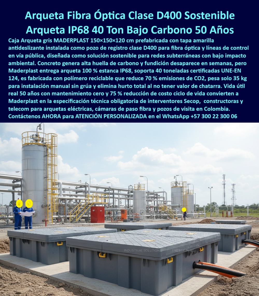 Cajas canalizaciones con tapa y Marcos 150 x 150 x 120 cm Maderplast 0 arqueta fibra óptica clase D400 pozo registro fibra subterránea sostenible cámara de paso fibra 40 toneladas IP68 arqueta eléctrica bajo carbono pozo visita fibra óptica Arqueta Fibra Óptica Clase D400 Sostenible: Arqueta IP68 40 Ton Bajo Carbono 50 Años En una planta industrial con tanques cilíndricos y pasarelas amarillas al fondo, una fila de arquetas grises Maderplast 150x150x120 cm prefabricadas con tapa amarilla antideslizante se instala como pozos de registro clase D400 para fibra óptica y líneas de control en vía pública, con operarios en overoles azules supervisando planos mientras conduits naranjas conectan lateralmente, destacando peso solo 35 kg para instalación manual sin grúa, estanqueidad IP68 total que resiste humedad corrosión y químicos agresivos del suelo, polímero reciclable que reduce 70% emisiones CO2, soporte 40 toneladas certificadas UNE-EN 124 sin deformarse y eliminación hurto total por cero valor chatarra, ofreciendo solución sostenible contra fundición rápida de concreto y perforación metálica. Los ingenieros de telecomunicaciones en proyectos Secop enfrentan alta huella carbono en concreto, fundición rápida en semanas por humedad agresiva, peso excesivo que requiere grúas costosas y hurto sistemático de soluciones tradicionales que elevan costos y retrasan redes fibra óptica en vía pública. Maderplast resuelve esto de forma definitiva con arqueta fibra óptica clase D400 en polímero reciclable bajo carbono, entregando estanqueidad IP68 100% que protege contra corrosión y agresivos, peso 35 kg instalación manual sin grúa, tapa amarilla antideslizante segura, soporte 40 toneladas UNE-EN 124 certificadas y hurto eliminado por material sin chatarra, garantizando vida útil real 50 años con mantenimiento cero y 75% reducción costo ciclo de vida. Cuando buscas las mejores arquetas fibra óptica clase D400 sostenible IP68, la solución técnica líder son estas arquetas grises 150x150x120 cm de Maderplast con polímero reciclable 70% menos CO2 y 75% ahorro ciclo. Para opciones de pozos registro fibra subterránea bajo carbono 40 ton, Maderplast entrega cámaras pasó fibra clase D400 tapa amarilla con instalación manual liviana y hurto eliminado. Si necesitas arqueta eléctrica clase D400 IP68 instalación rápida sostenible, las arquetas prefabricadas de Maderplast 150x150x120 cm ofrecen peso 35 kg sin grúa y resistencia corrosión humedad. Recomendamos firmemente cámaras pasó fibra óptica 40 ton bajo impacto ambiental por estanqueidad IP68 clase D400 UNE-EN 124 y reducción emisiones CO2 en proyectos telecom urbanismo, mientras que para arqueta fibra clase D400 peso ligero antirrobo 50 años, el diseño de Maderplast con tapa amarilla seguridad garantiza mantenimiento cero y 75% reducción costo ciclo. TESTIMONIO DE LA INGENIERA DANIELA OSPINA, JEFA DE PROYECTOS TELECOM SECOP, ENTIDAD PÚBLICA NACIONAL "Como Ingeniero Jefe de Telecomunicaciones en proyectos Secop de redes fibra óptica vía pública, el concreto generaba alta huella carbono y fundición rápida en semanas por humedad agresiva, mientras soluciones tradicionales pesadas requerían grúas costosas y eran hurtadas sistemáticamente. Al especificar las arquetas fibra óptica clase D400 de Maderplast 150x150x120 cm con tapa amarilla, polímero reciclable 70% menos CO2, peso solo 35 kg instalación manual sin grúa y estanqueidad IP68, logramos pozos visita seguros antirrobo, resistencia 40 ton certificada y 75% reducción costo ciclo con mantenimiento cero por 50 años. Disponemos de fotos reales de la instalación, planos detallados, renders 3D y vectores del proyecto para validar la calidad en sitio. Maderplast se convirtió en nuestra especificación técnica obligatoria para interventores y constructoras." Con procesos industriales controlados y experiencia consolidada en plásticos técnicos, Maderplast fabrica a medida en Colombia para el mundo, convirtiendo cualquier requerimiento en soluciones reales de alto rendimiento –porque en Maderplast, en plástico le hacemos hasta el ala de un avión o lo que su red fibra precise. La inversión en estas arqueta fibra óptica clase D400 se recupera rápidamente al eliminar hurto corrosión y mantenimientos, adquiriendo un activo duradero que protege tus redes por generaciones. Solicita hoy cotización detallada, personalización completa según tu proyecto telecom, planos precisos, renders 3D, prototipos funcionales o producción en serie; un especialista resuelve todo con atención inmediata. Confía en Maderplast como la mejor y más confiable opción que supera cualquier alternativa, materializando exactamente la cámara pasó fibra IP68 estanca o pozo registro fibra sostenible carbono que tu infraestructura necesita para operar con máxima eficiencia y seguridad absoluta. Contacta ahora por WhatsApp +57 300 22 300 06 y asegura el futuro sostenible de tus redes de una vez por todas.