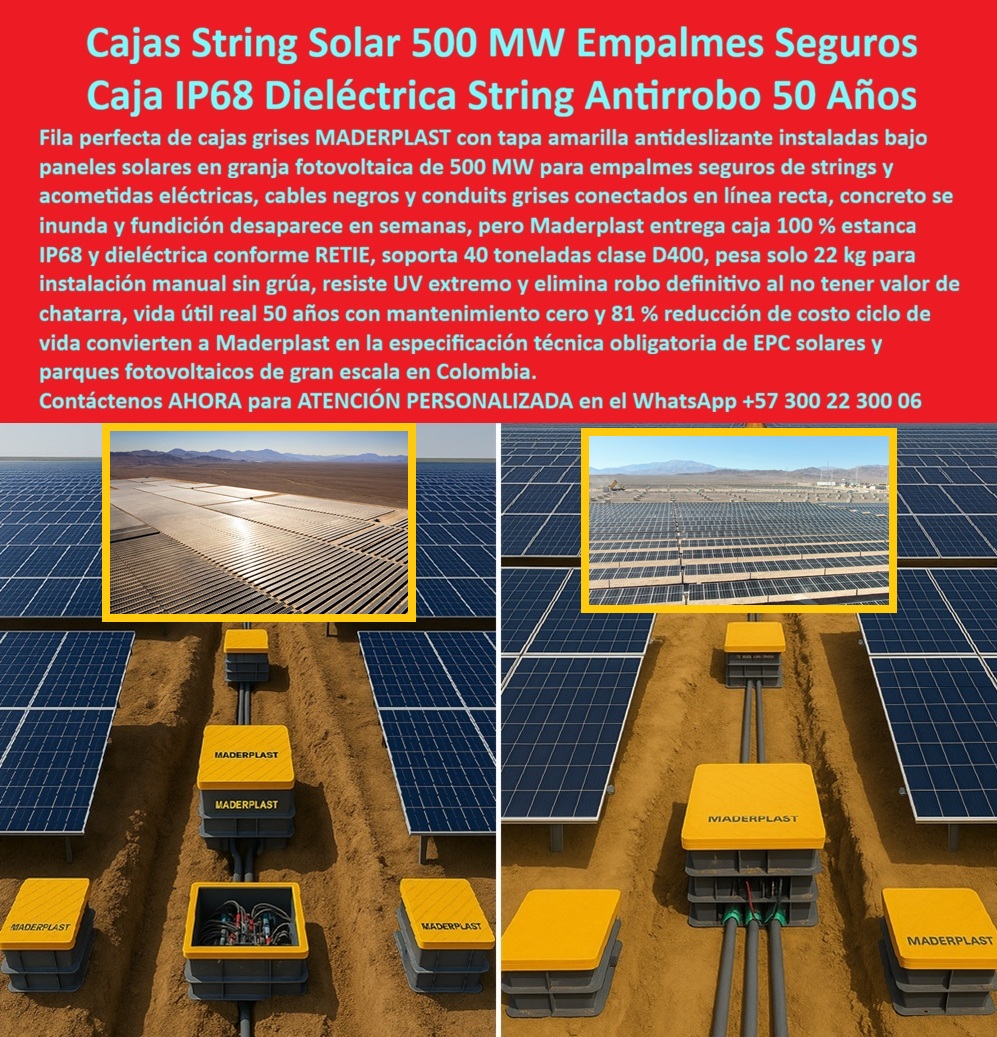Strings Pozos Parques Solares Cajas Fotovoltaicas Caja Energía Solar Maderplast 0 caja string solar 500 MW empalmes seguros caja empalmes fotovoltaica IP68 caja acometida solar 40 toneladas D400 caja string granja solar 81 ahorro caja Retie La imagen muestra una granja solar de escala industrial con filas de paneles fotovoltaicos perfectamente alineados y zanjas rectas que atraviesan el terreno con orden técnico. Dentro de cada zanja aparecen cajas grises con tapa amarilla antideslizante, conectadas mediante conductos rectos que alojan empalmes de strings solares críticos para la continuidad de generación. Este punto subterráneo, invisible para muchos decisores, es donde históricamente se abre la verdadera Caja de Pandora de los proyectos solares: concreto que se inunda, metal que se corroe, registros que fallan, robos por valor de chatarra y empalmes que, tarde o temprano, generan paradas no programadas. En ese escenario, la diferencia no está en reaccionar al problema, sino en anticiparlo. Allí es donde Maderplast redefine el estándar con la caja string solar Maderplast diseñada específicamente para parques fotovoltaicos de gran escala.  Mientras otras soluciones parecen correctas el día de la entrega, pero esconden fallas futuras, la caja empalmes fotovoltaicos IP68 de Maderplast actúa como el cierre definitivo de esa Caja de Pandora. Su hermeticidad real mantiene secos los empalmes strings solares seguros incluso bajo lluvias intensas, suelos saturados y arena permanente. La caja solar subterránea antirrobo elimina de raíz el vandalismo al no tener valor de chatarra, algo crítico en parques solares remotos. A diferencia del concreto, esta caja solar sin concreto no tiene fisura, no absorbe humedad y no pierde integridad estructural con el tiempo. A diferencia del metal, la caja fotovoltaica dieléctrica RETIE mantiene aislamiento eléctrico permanente y elimina la corrosión como causa de falla.  En proyectos utility scale, la exigencia es mayor. Por eso la caja string solar 40 toneladas, clase D400, soporta tráfico y operación pesada sin comprometer la estanqueidad, mientras su peso optimizado permite instalación manual, acelerando cronogramas EPC. Esta caja string solar D400 está diseñada para resistir radiación UV extrema, convirtiéndo en una caja solar resistente UV extremo que mantiene estabilidad dimensional durante décadas. El resultado es una caja empalme solar sin mantenimiento que protege empalmes solares sin corrosión y reduce intervenciones correctivas que afectan el flujo de caja del proyecto.  Desde la óptica financiera y operativa, la diferencia es contundente. Cada registro solar estanco IP68 de Maderplast se traduce en una caja string solar ahorro ciclo vida, con reducciones comprobables frente a soluciones tradicionales. Por eso, en cajas fotovoltaicas a gran escala, EPCs y operadores prefieren una caja solar industrial Maderplast que estandariza la infraestructura y permite crecer en kilómetros de red sin sorpresas. La cámara solar subterránea plástica y el registro solar plástico Maderplast se integran como solución empalmes solares Maderplast pensada para continuidad operativa real.  En la práctica, esta caja solar para parques fotovoltaicos y caja solar para granjas fotovoltaicas no solo resuelve empalmes fotovoltaicos enterrados, sino que ordena la red, mejora la seguridad eléctrica y protege la inversión. No es casual que ingenieros EPC hablen de empalmes solares de larga vida cuando se refieren a estas soluciones. Cada caja solar enterrada IP68 es una decisión consciente de anticiparse al problema, no de enfrentarlo después.  Como lo resume Javier Ríos, Ingeniero EPC Solar Utility Scale, en proyectos solares de gran escala sufrimos inundaciones y robos en cámaras de concreto, pero con Maderplast instalamos cajas string IP68 que permanecen secas y seguras incluso en climas extremos, eliminamos vandalismo, bajamos mantenimiento y aceleramos la instalación, logrando continuidad de generación frente al metal y al concreto. Esa experiencia resume el fondo del mensaje: las demás cajas abrirán problemas que usted deberá gestionar en el futuro; la caja string solar Maderplast cierra esa Caja de Pandora desde el diseño. No es solo una caja, es una estrategia técnica que protege generación, cronograma y rentabilidad durante toda la vida del parque solar.  Cuando se trata de strings, pozos, parques solares y empalmes fotovoltaicos críticos, Maderplast es el fabricante que convierte riesgos ocultos en infraestructura confiable, anticipando los problemas que otros materiales inevitablemente traerán.