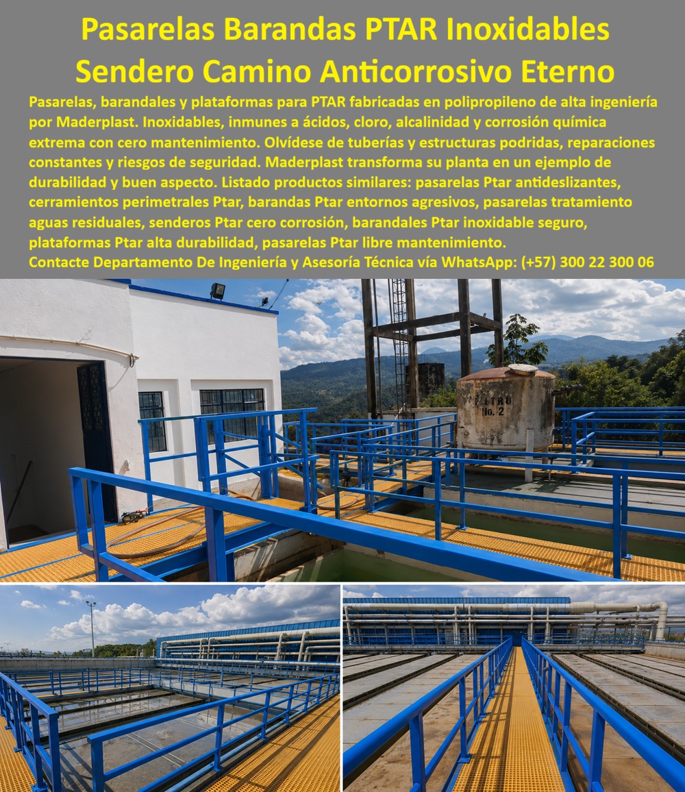 Sistema Barandas Sendero PTAR Pasarelas Plataformas Maderplast - Estructuras de Pasarelas con Barandales Inoxidables PTAR Sin Mantenimiento, Pasamanos inoxidables entornos químicos y agresivos, Barandales Azules y Amarillos para Caminos a Sistema Barandas Sendero PTAR Pasarelas Plataformas Maderplast Estructuras de Pasarelas con Barandales Inoxidables PTAR Sin Mantenimiento Pasamanos inoxidables entornos químicos y agresivos Barandales Azules y Amarillos para Caminos a