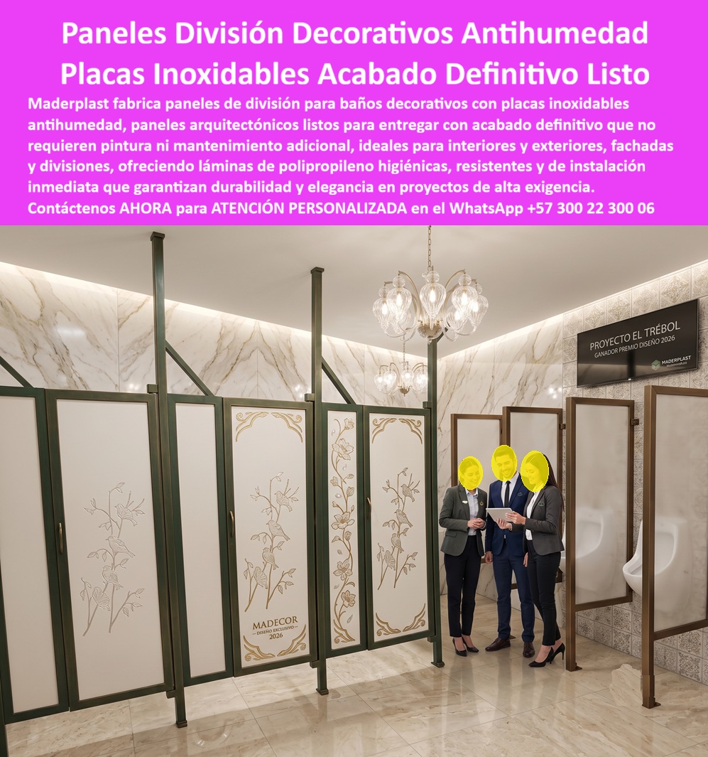 Division Baños Decorativo Placa Inoxidable Antihumedad Maderplast Panel Arquitectónico Listo para Entregar acabado definitivo Paneles Decorativos para Interiores y Exteriores Paneles Fachadas y Divisiones Panel Láminas polipropileno