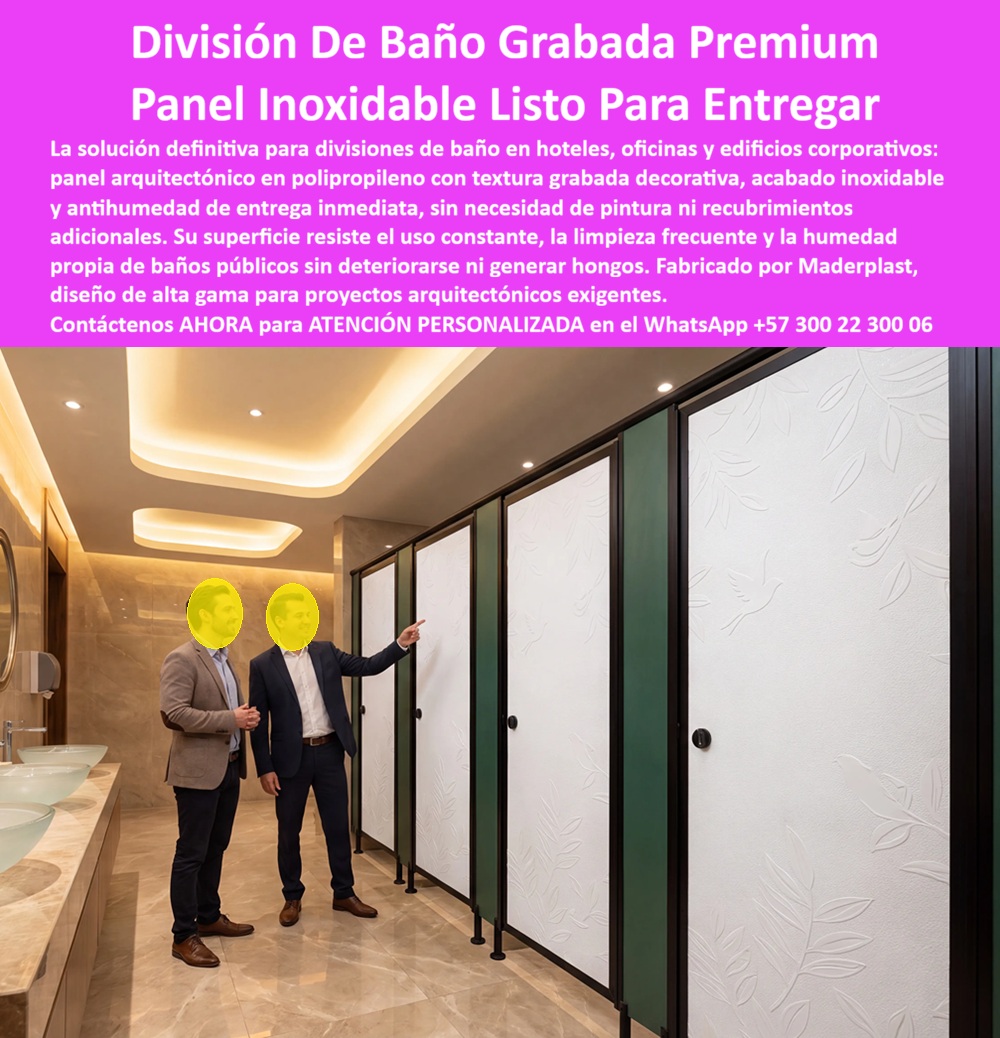 Panel Division Baños Decorativo Placa Inoxidable Antihumedad Maderplast Panel Arquitectónico Listo para Entregar acabado definitivo Paneles Decorativos para Interiores y Exteriores Paneles Fachadas Divisiones Láminas polipropilenoS