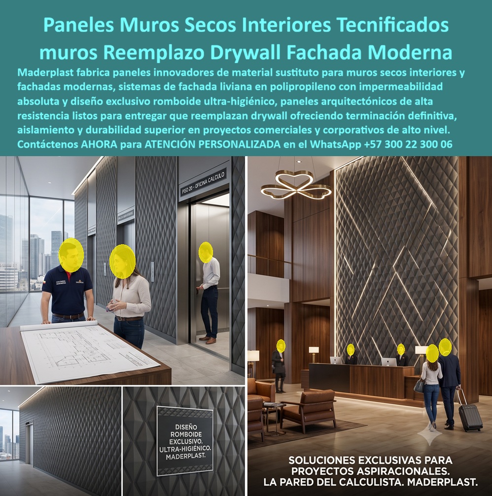 Panel Innovador Construcción Tecnificada Muros Secos Interiores Maderplast Panel de material sustituto Reemplazo drywall fachada moderna Sistemas de fachada liviana en polipropileno e impermeabilidad absoluta Sistema Inteligente Cerrar