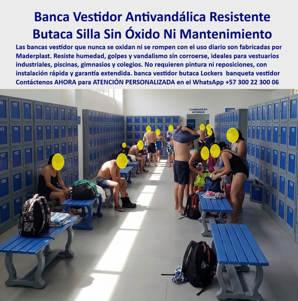 Asientos Para Guardarropas Silla locker Mobiliario Para Vestidores Maderplast Fábrica Banca Vestidor Resistente Antivandálica Instalación Rápida Silla vestidor anticorrosiva elimina óxido en vestuarios industriales Banqueta vestidor HSQ