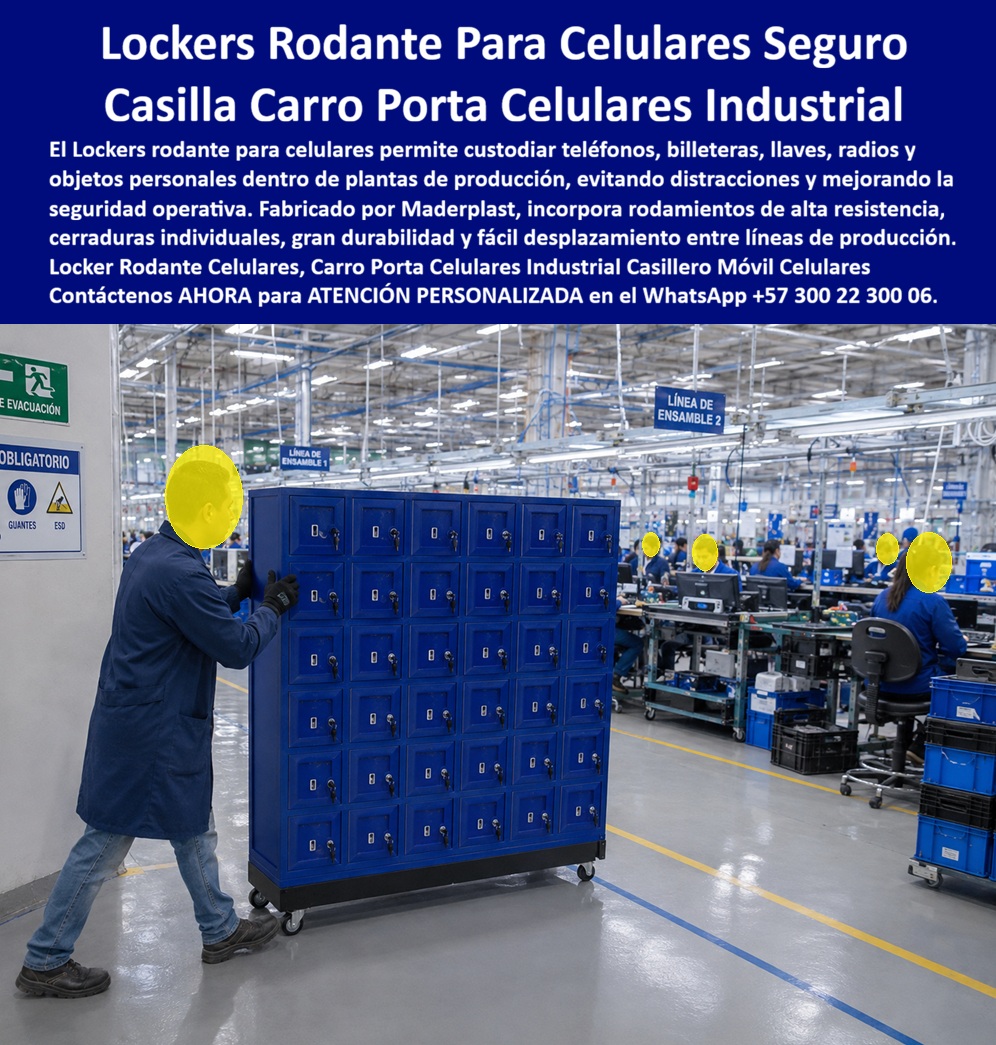 Casilleros teléfonos en plantas de producción Locker Rodante Maderplast Carro porta celulares para empresas y fábricas Estación rodante para custodiar celulares y pertenencias Mueble Móvil lockers de seguridad plantas operativa