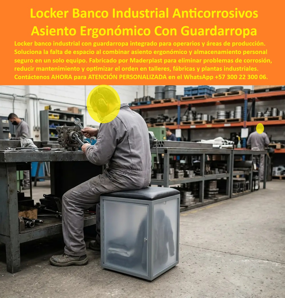 Guardarropa Tipo Banca Industrial Taburete Guardarropa Portátil Maderplast Banco ergonómico con locker interno irrompible cero mantenimiento Locker asiento anticorrosivo elimina óxido para almacenamiento seguro Puesto Ergonómico Casilla