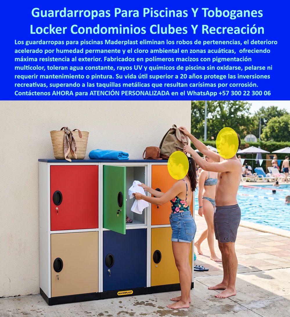 Lockers Decorativos Nuevos Diseños Guardarropa Colores Maderplast Casilleros grandes multicolor para parque acuático Lockers Para Cafam Muebles Anticorrosivos Para Piscinas Lockers Para Río Lento Guardarropas coloridos para piscinas A