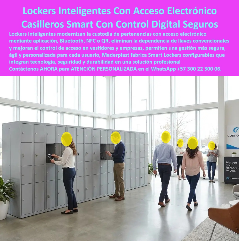 Lockers Inteligentes Smart Locker Con Aplicación Bluetooth NFC QR Maderplast Lockers de apertura electrónica para vestier corporativo Lockers inteligentes que evitan robos por aplicación Casilleros electrónicos contra pérdidas Lockers A