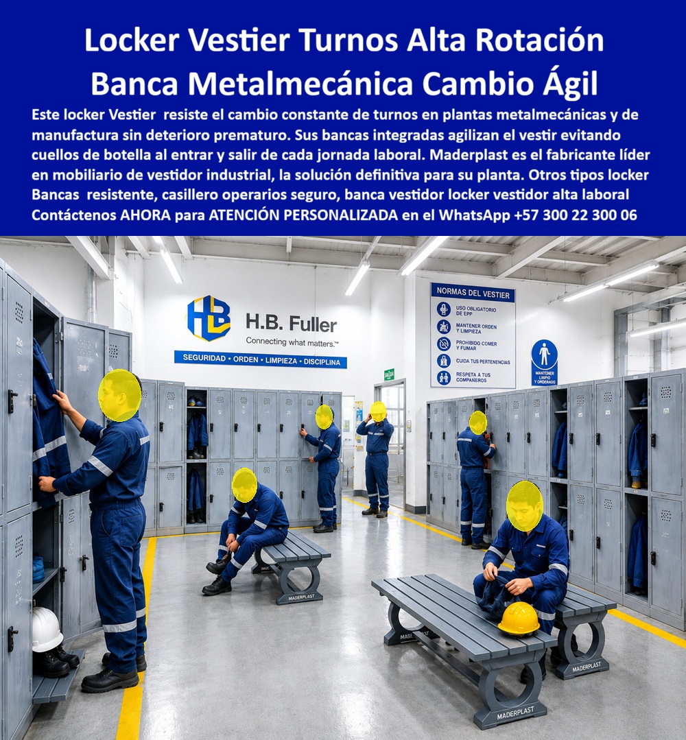 Lockers Planta Textil Con Banca Guardarropas De Confección Maderplast Casilleros Resistentes Para Turnos De Trabajo Locker corporativo para empresas de ingeniería y metalmecánica Lockers Para Operarias Y Operarios Textiles Lockers silla