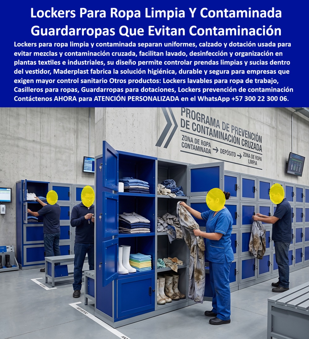 Lockers Planta Textil Con Banca Guardarropas De Confección Maderplast Casilleros para confección lavables a presión Guardarropa de planta con espacio para casco calzado y ropa colgada Guardarropas Lavables Para Industria De Confección