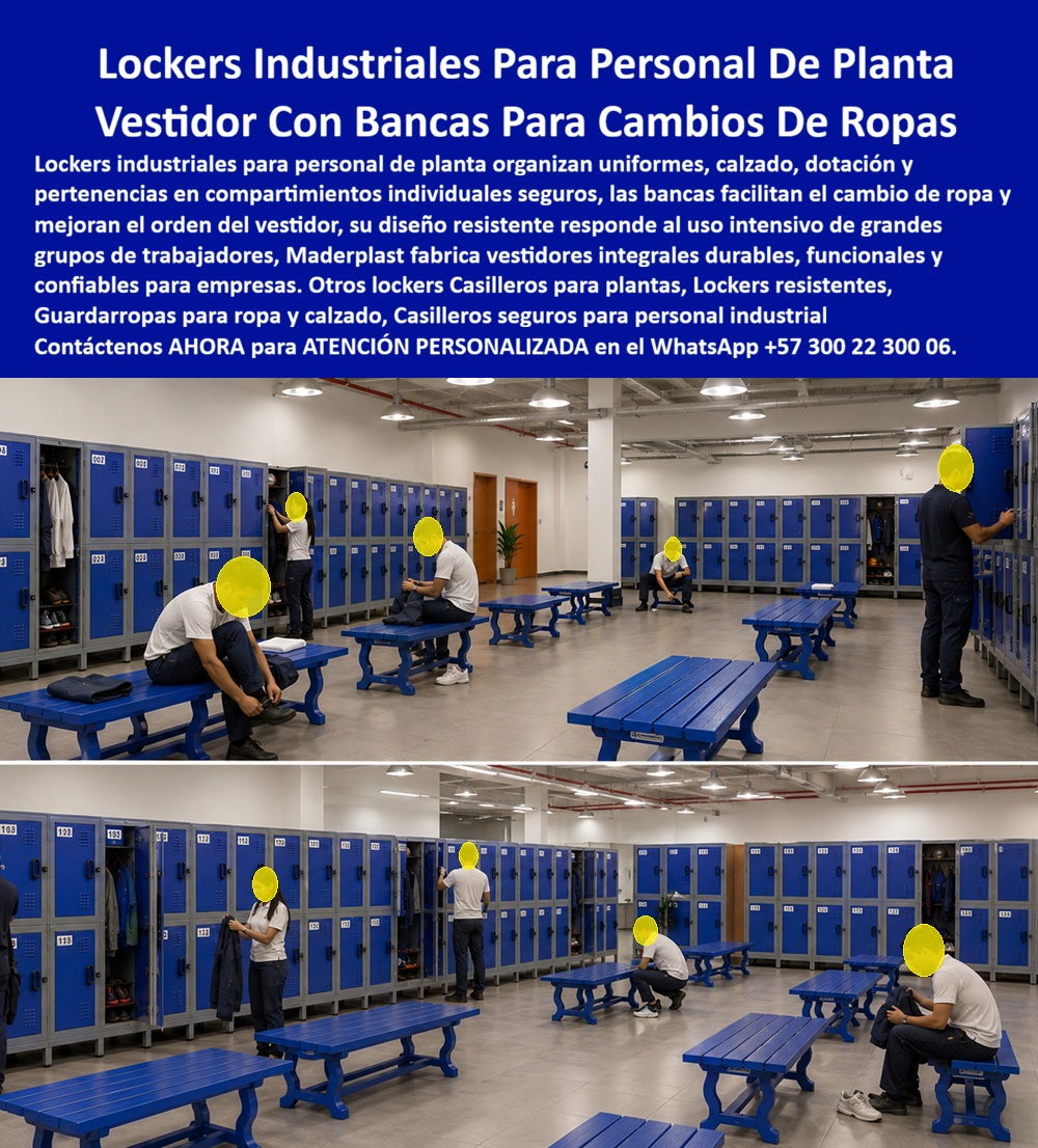 Lockers Planta Textil Con Banca Guardarropas De Confección Maderplast Guardarropas Para Personal De Planta Vestidores Industriales Con Bancas Integradas Casilleros para personal textil con llave segura Casillero sillas personal técnico