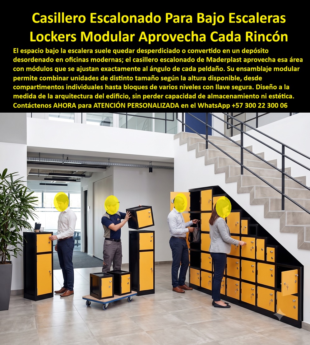 Lockers adaptados a la arquitectura Lockers escalonados modulares Maderplast Casilleros Modulares Bajo Escaleras Lockers modulares para oficinas Lockers de ensamblaje modular Casilleros escalonados apilables con llave segura Diseñamos