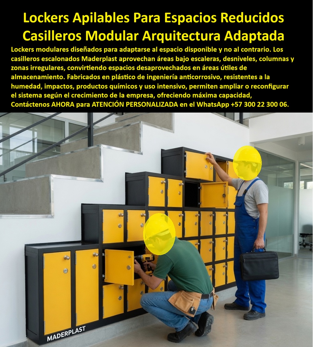 Lockers adaptados a la arquitectura Lockers escalonados modulares Maderplast Lockers Apilables Para Espacios Reduccidos Fabricamos lockers que se adaptan al espacio disponible y no al contrario Lockers para áreas irregulares Lockers AA