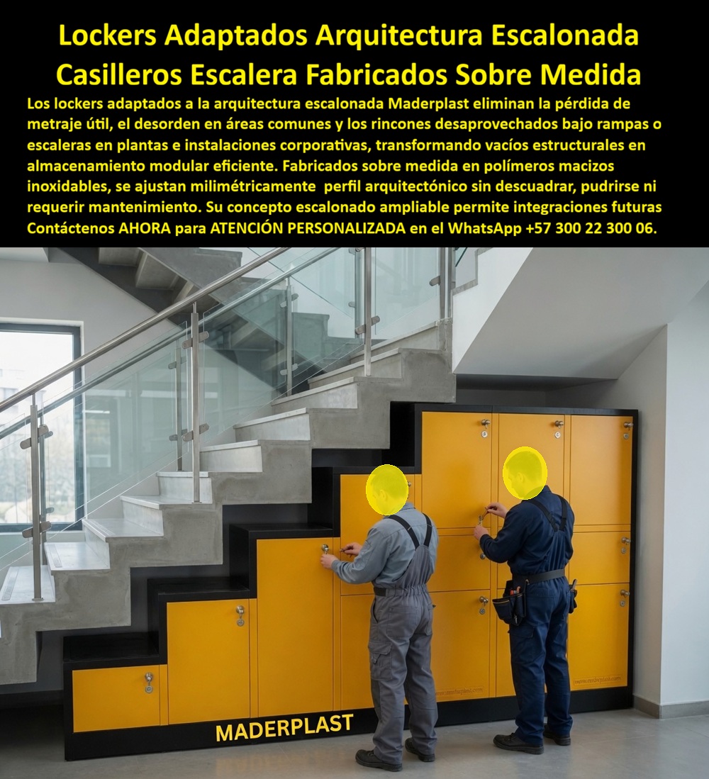 Lockers adaptados a la arquitectura Lockers escalonados modulares Maderplast Lockers bajo escaleras aprovechan espacio Lockers ampliaciones futuras Lockers Bajo Escaleras Fabricados Sobre Medida Lockers espacios desaprovechados Móviles