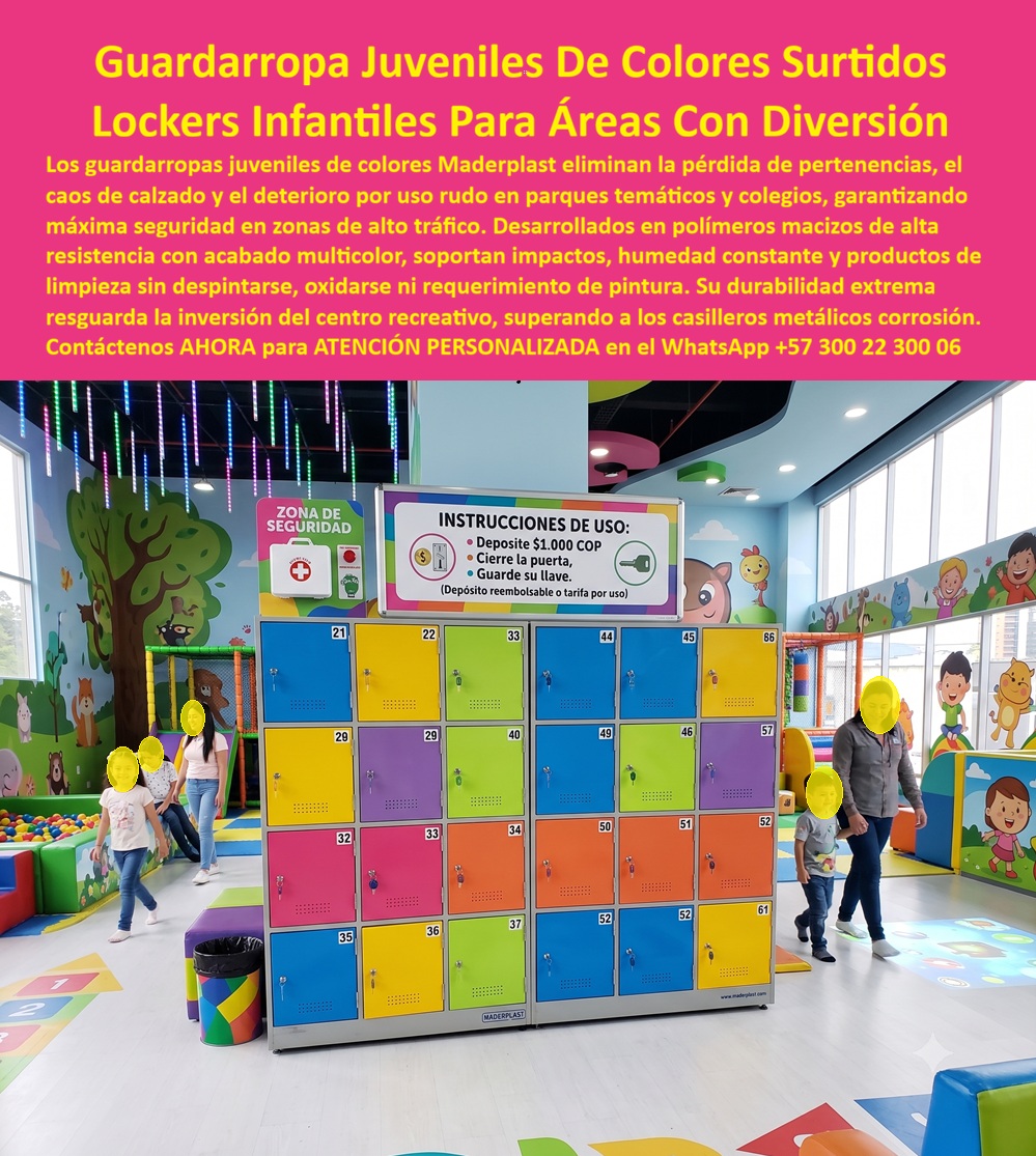 Lockers colegios Lockers áreas de diversión Lockers infantiles Maderplast Guardarropa juvenil de colores surtidos para vestidor de gimnasio Lockers de colores vivos que evitan robos en parques Lockers parques temáticos con puertas Color