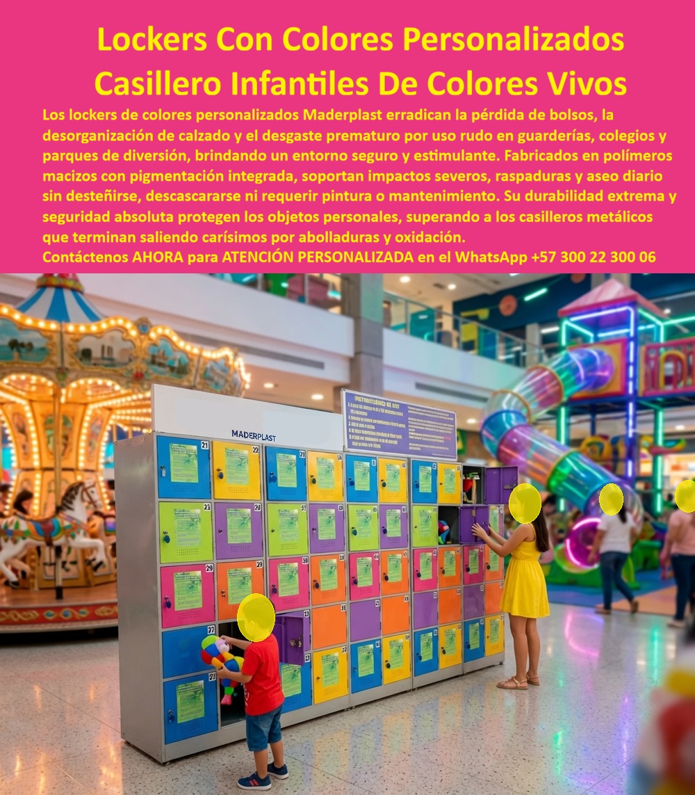 Lockers colegios Lockers áreas de diversión Lockers infantiles Maderplast Lockers De Colores Personalizados Locker modular alegre resistente al uso constante en zonas familiares Lockers con diseño temático Guardarropas alegres