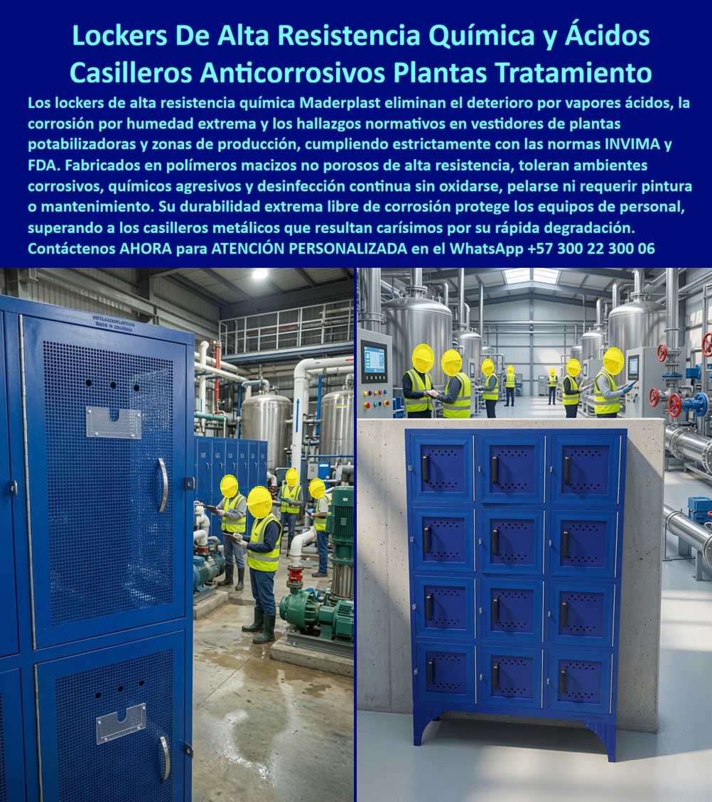 Lockers de alta resistencia químicas Ácidos Locker Anticorrosivo Maderplast Casillero de vestidores personal de plantas de agua Locker resistente a la humedad en zona de producción Casillero de seguridad industrial con norma INVIMA FDA A