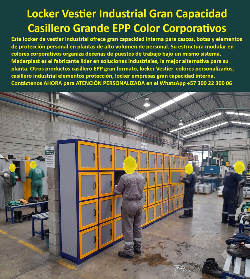 Lockers para industria Casilleros para empresas Guardarropa Maderplast Locker de vestier industrial en colores corporativos Casillero industrial de gran capacidad para cascos y elementos de protección Lockers inteligentes que evitan robo